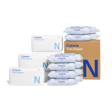 Coterie Baby Diapers + Wipes Baby Kit, Size Nb (186 Count) + 12 Wipe Packs (672 Wipes) Made With Plant Derived Fibers, Hypoaller