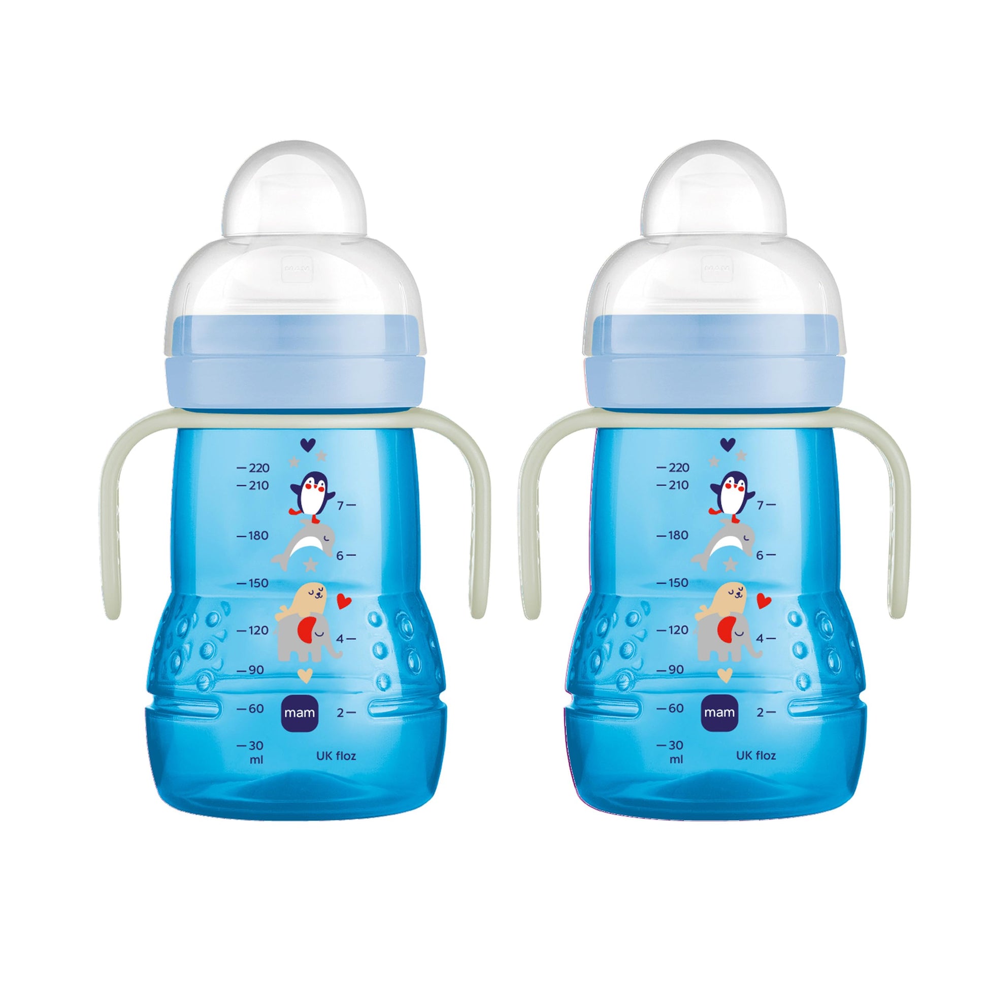 Mam Plastic Trainer Cup, Trainer Drinking Cup With Extra-Soft Spout, Spill-Free Nipple, And Non-Slip Handles, For Boys 4+ Months