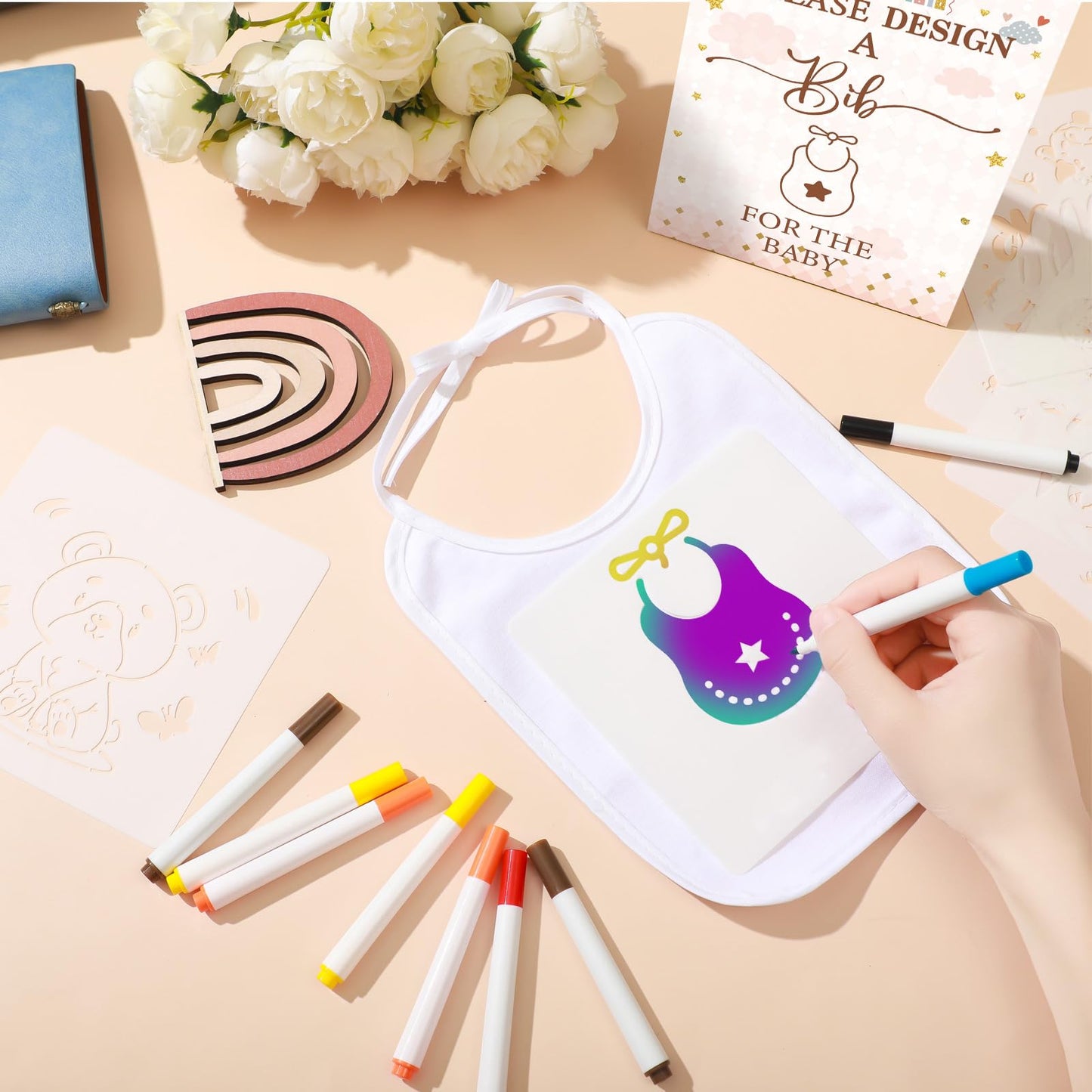 Panitay 100 Pcs Diy Baby Bibs Decorating Kit 50 White Bibs 25 Stencils 24 Fabric Markers 1 Baby Shower Game Sign(Boho)