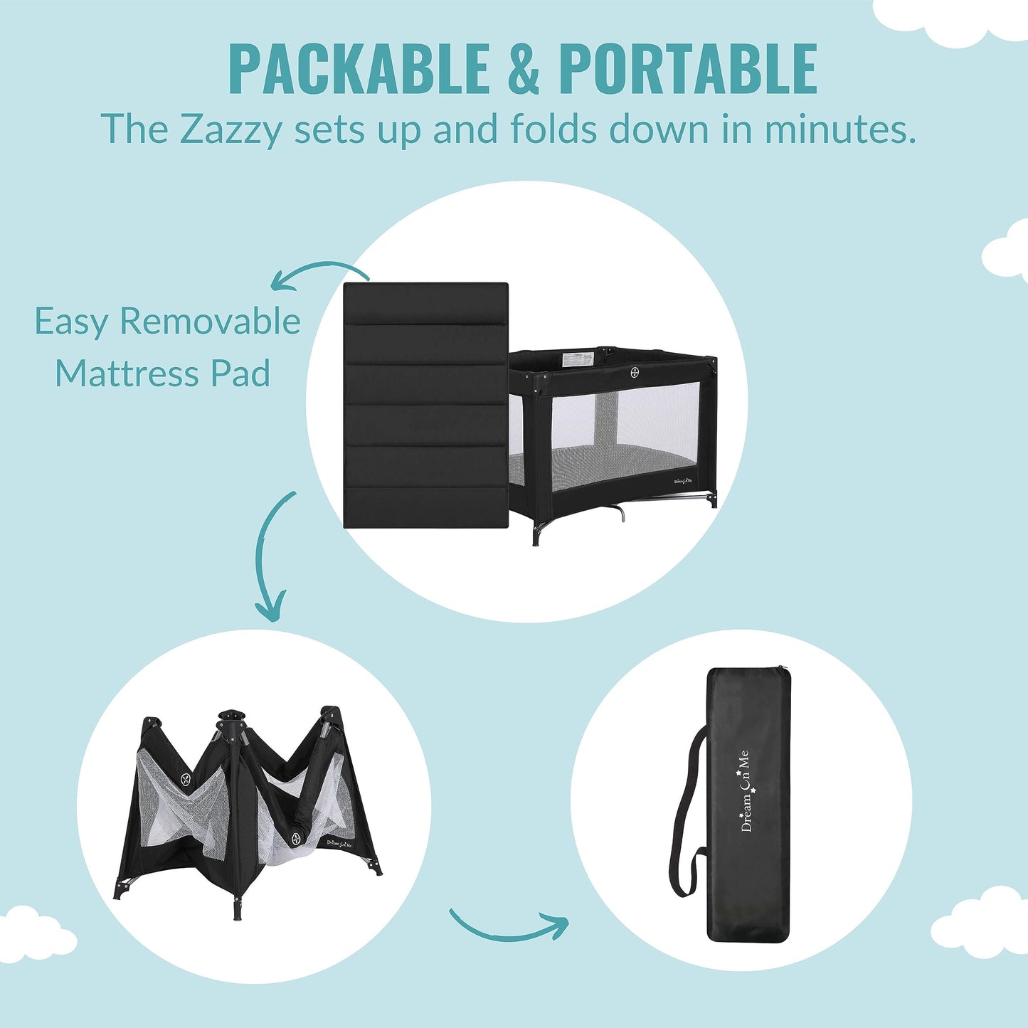 Dream On Me Zazzy Portable Playard with Bassinet in Black, Lightweight Packable and Easy Setup Baby Playard with Mattress and Tr
