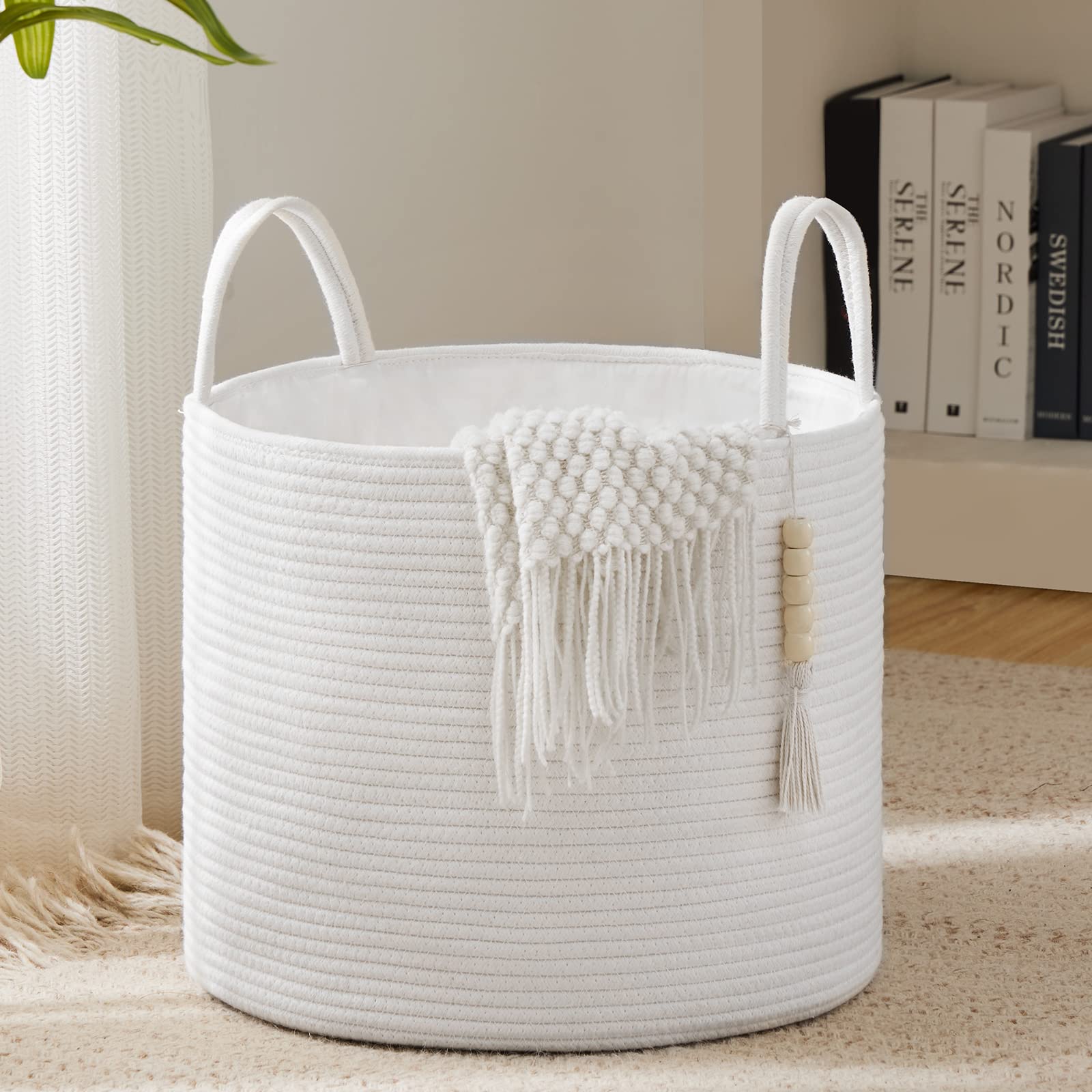 Youdenova Woven Rope Laundry Hamper Basket, 46L Luandry Basket, Baby Nursery Hamper For Blanket Storage, Clothes Hamper For Laun