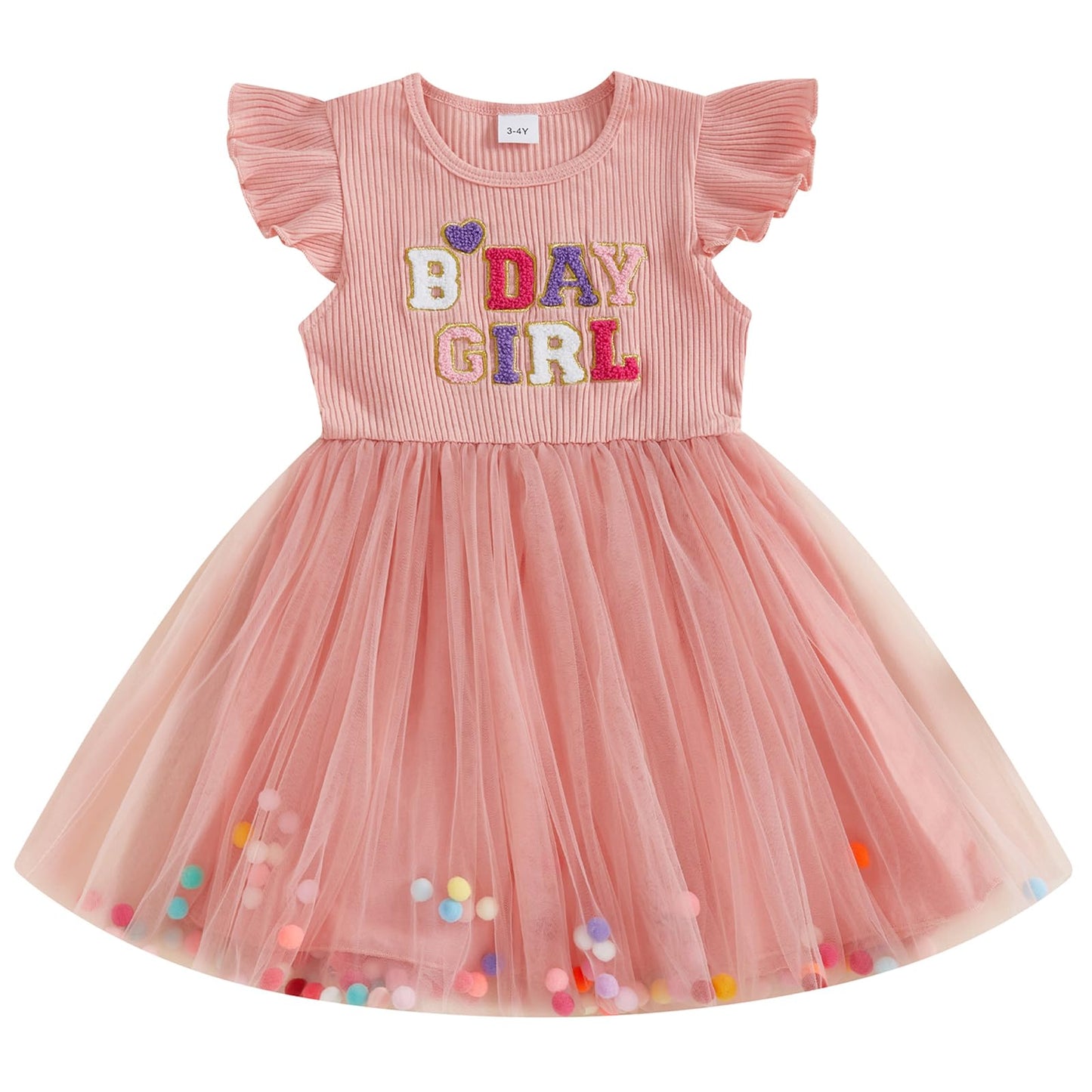 Birthday Dress for Girls Toddler Birthday Girl Outfit Ruffle Short Sleeve Letter Embroidery Pink Tutu Tulle Dresses (Pink Tutu w