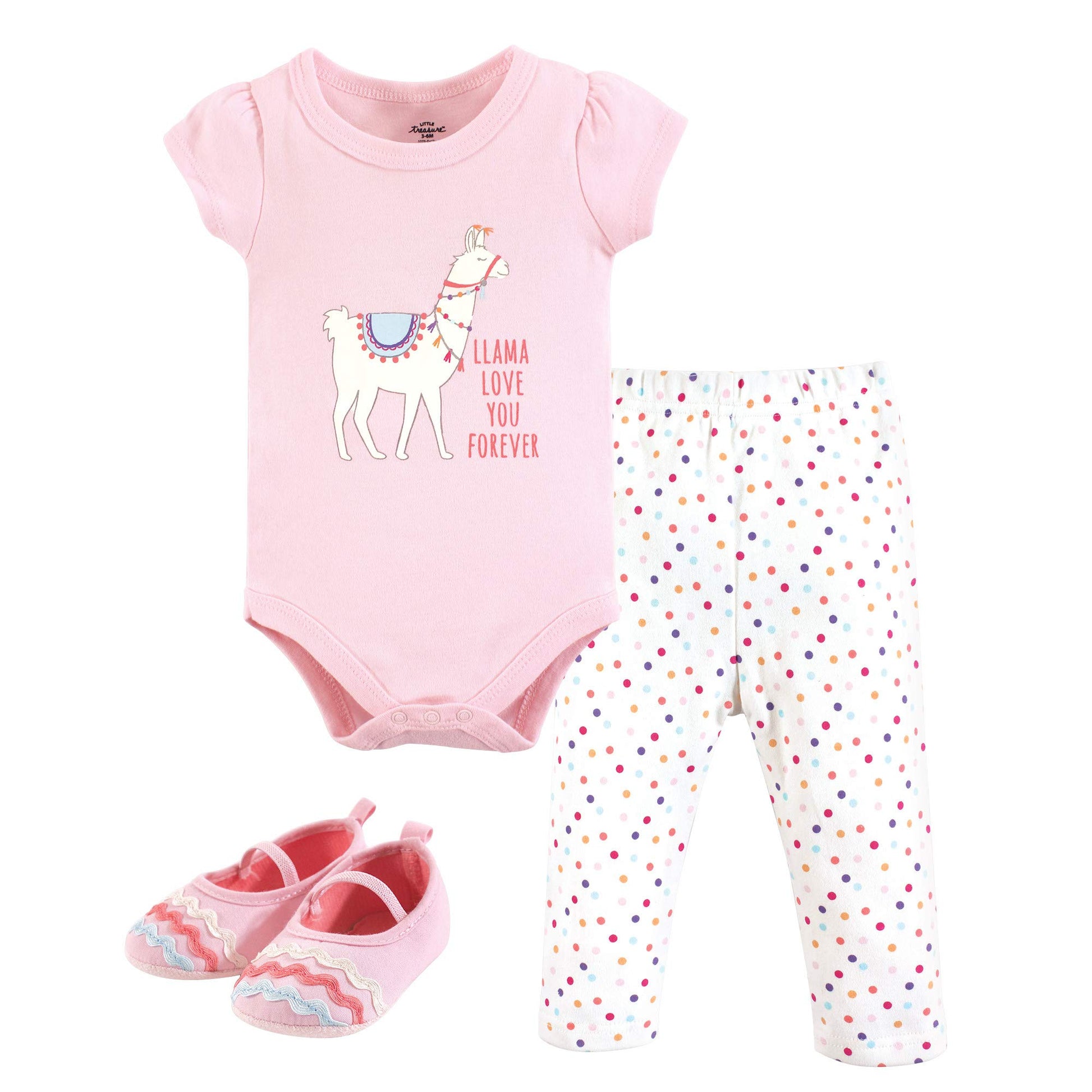 Little Treasure Unisex Baby Cotton Bodysuit, Pant And Shoe Set, Llama Love, 0-3 Months