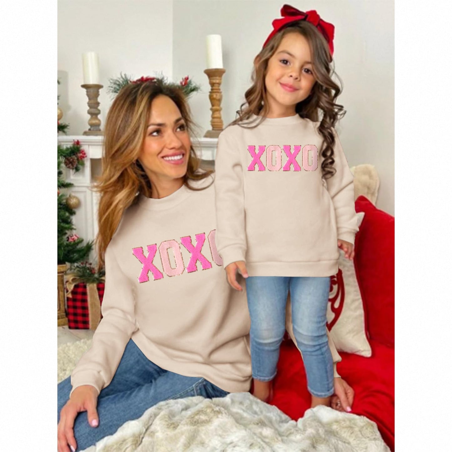 Ag Aguu Mommy And Me Valentines Day Sweatshirts Glitter Patch Xoxo Shirts Family Matching Outfits Long Sleeve Pullover Top(Mom-B