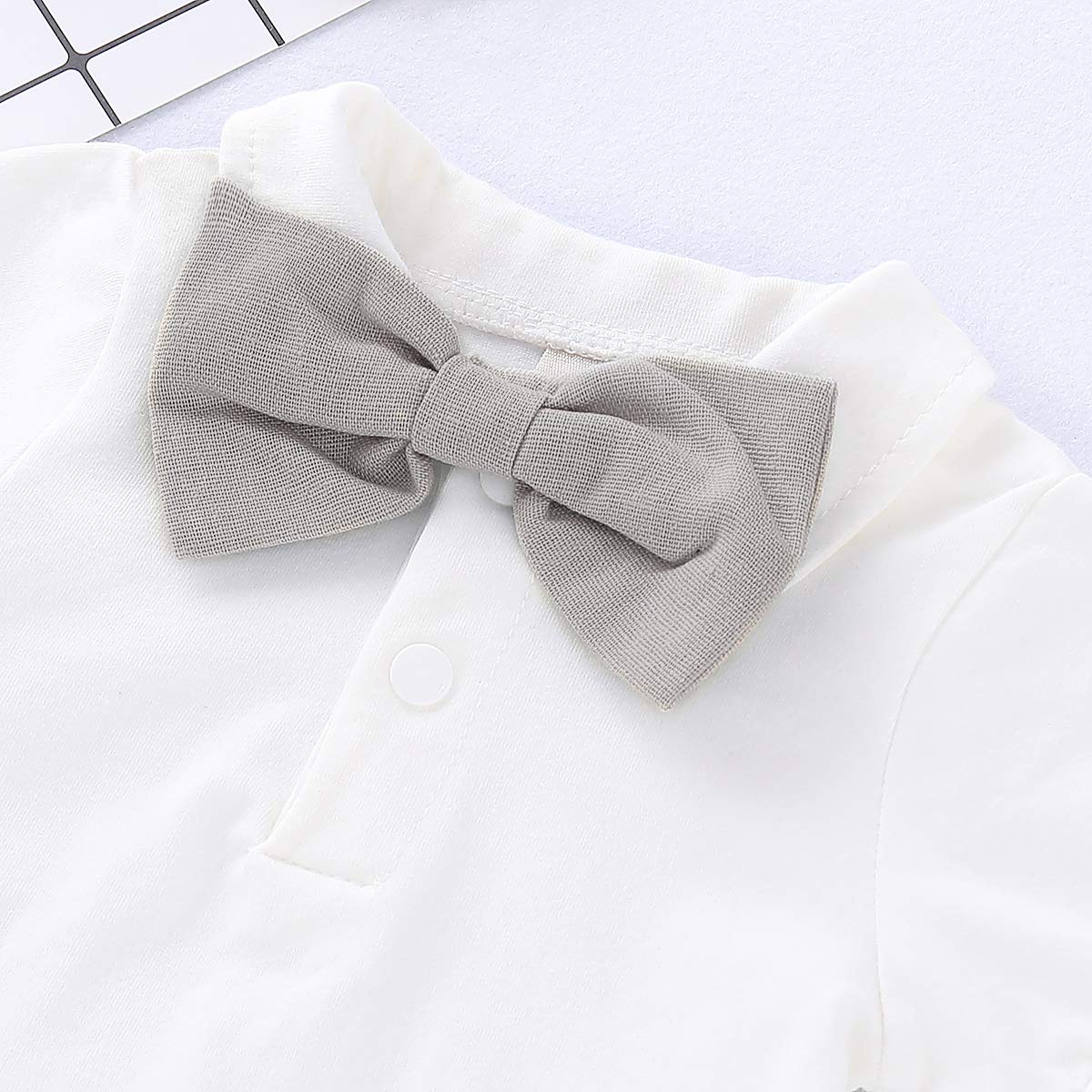 Rushaibar Baby Boys Formal Outfits Suit Set Romper Suspenders Shorts Pants Bowtie Wedding Tuxedo Cake Smash Clothes Grey 0-6 Mon