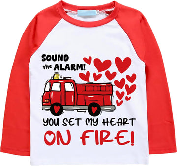 Boys Valentines T-Shirt You Set My Heart On Fire Tee Love Fire Truck Shirt For Kids Funny Gift 7 Years