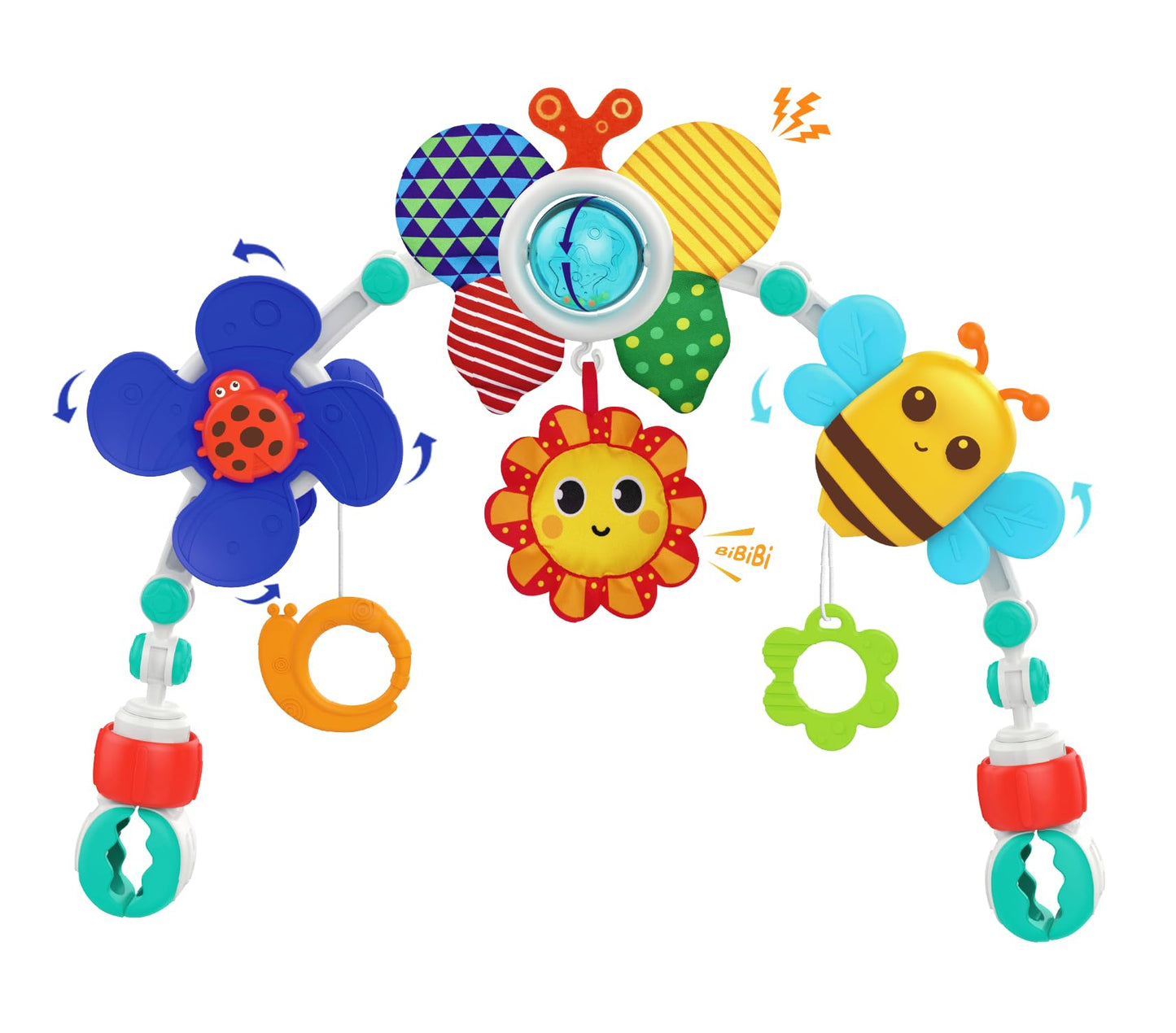 Playkidiz Baby Stroller Arch Toy, Interactive Activity Bar with Spinning Ball, Windmill, Sunflower, Adjustable Bone Joints, Teet