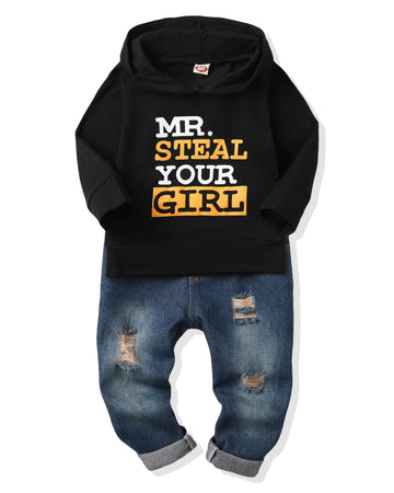 Nzrvaws 12 Months Boy Clothes Toddler Boy Outfit Hoodie Sweatsuit Tops +Ripped Jean Long Pants Fall Winter 2 Piece Outfits Set F
