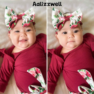 Aalizzwell Newborn Infant Baby Girls Clothes Ribbed Romper Bodysuit Floral Pants Set Fall Winter Outfits (Red, Preemie)