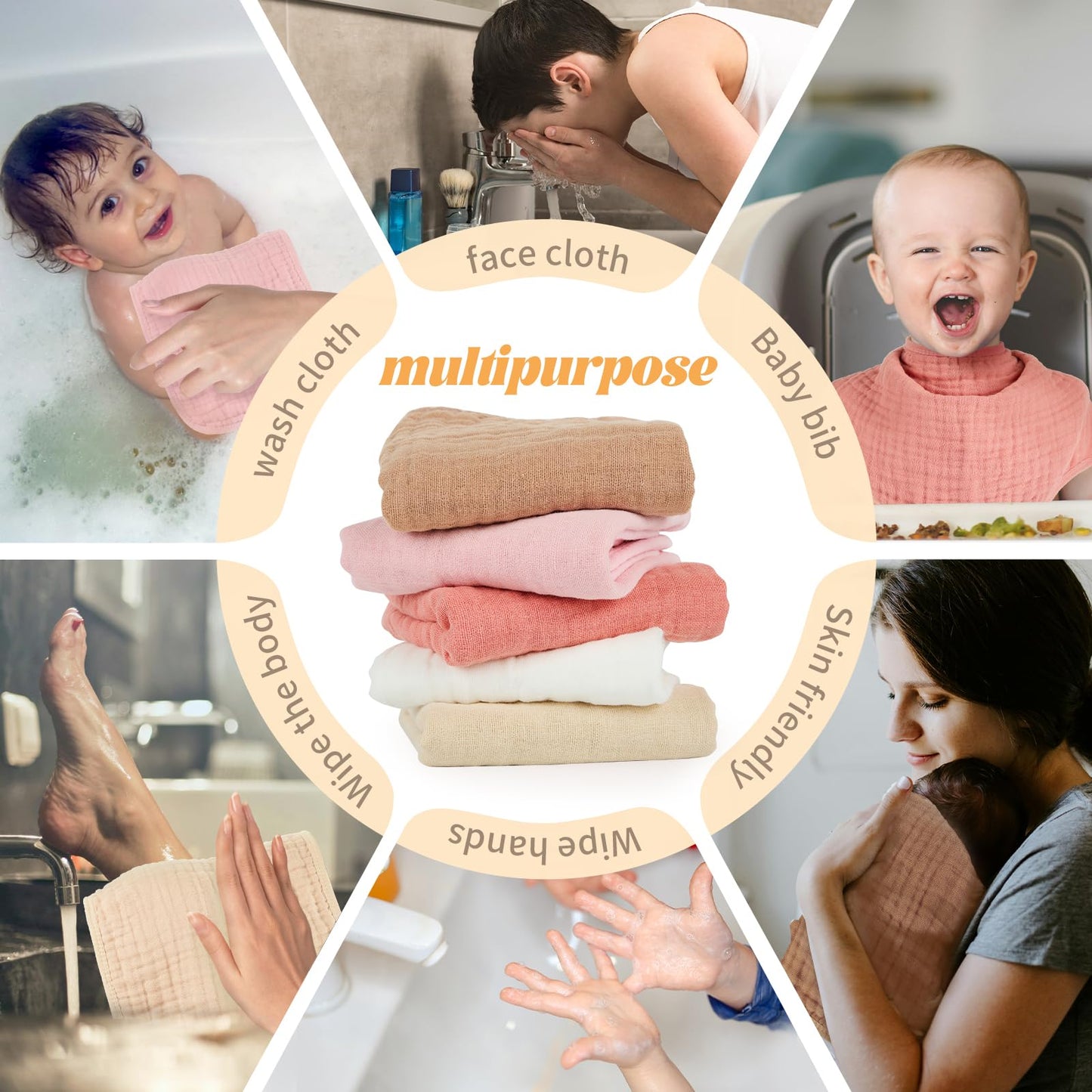 Migiol Baby Burp Cloth 100% Cotton Newborn Cotton Muslin Burp Cloth 10X20 Inches (Pink & Coffee 5 Pieces)