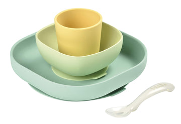 Beaba Silicone 4 Piece Baby Feeding Set, Suction Plates For Baby, Includes Plate, Bowl, Cup, 2Nd Stage Silicone Spoon, High Grad