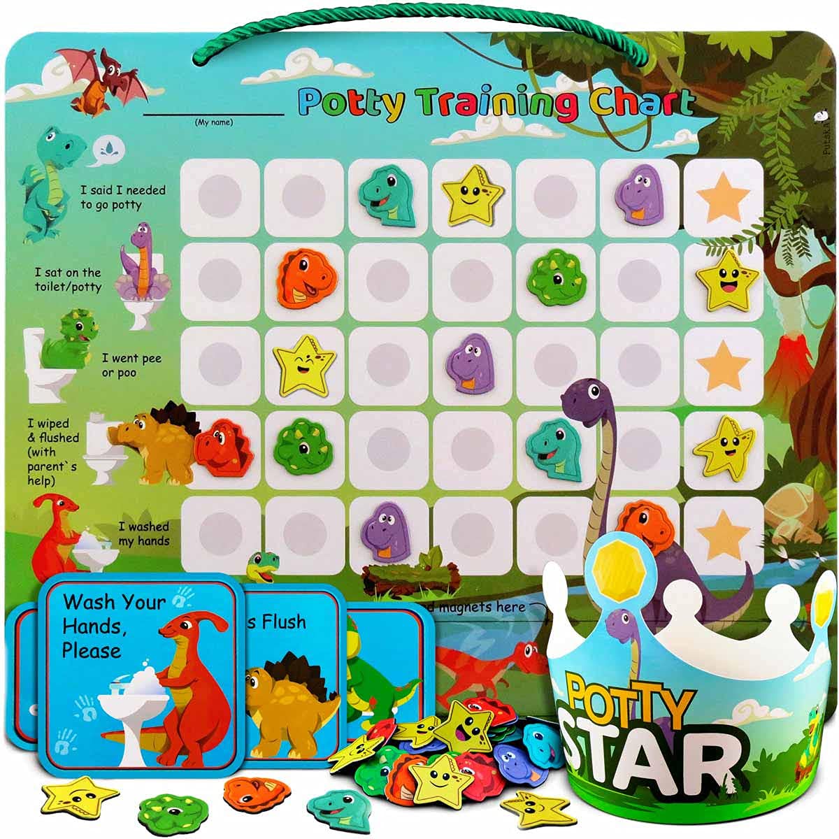 Dinosaur Potty Training Chart & 35 Magnetic Stickers - Potty Chart, Potty Training Sticker Chart, Potty Training Chart For Toddl