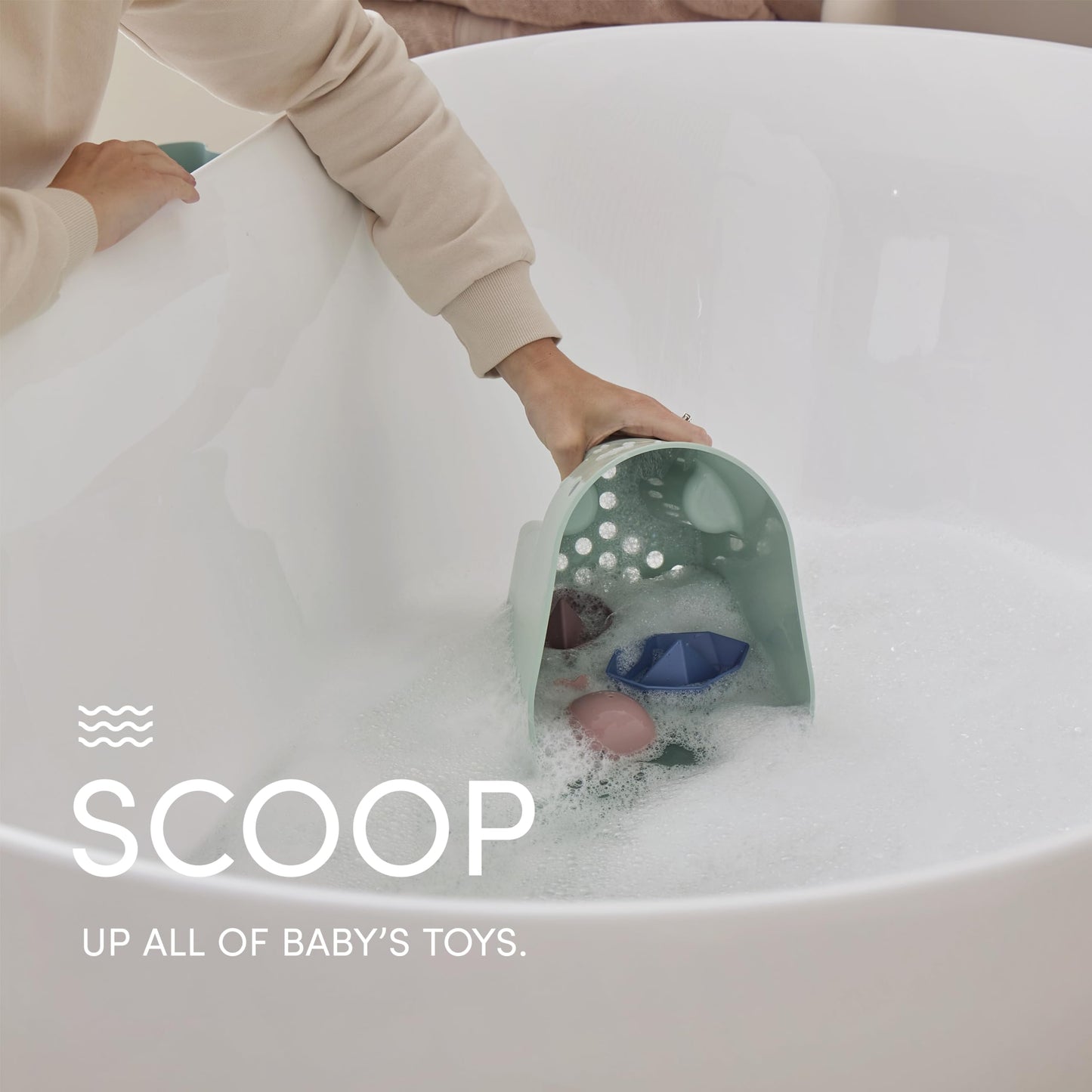 SHNUGGLE Ellie Bath Toy Storage Scoop | Baby & Toddler Bath Toy Drying Caddy with Drip Tray - Eucalyptus Green