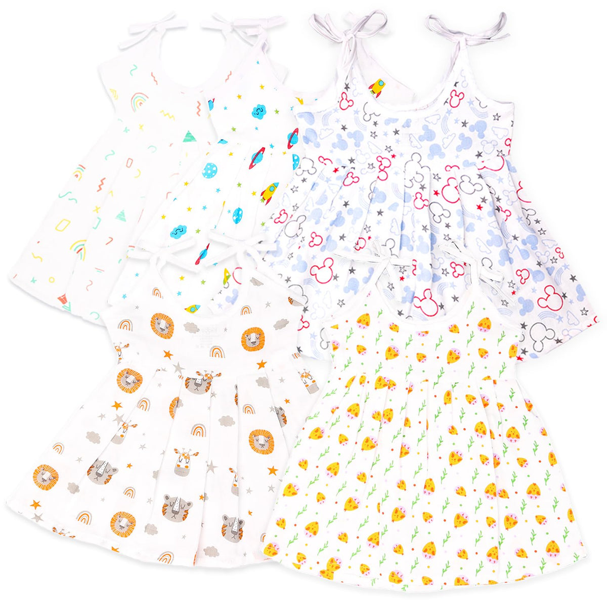 Kidbea Extra Soft Muslin Cotton Frock For Baby Girl | Mickey, Tiger, Space, Rainbow And Cute Chick Print For 3 To 6 Months| Pack