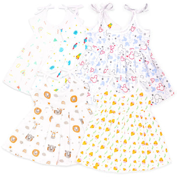Kidbea Extra Soft Muslin Cotton Frock For Baby Girl | Mickey, Tiger, Space, Rainbow And Cute Chick Print For 3 To 6 Months| Pack