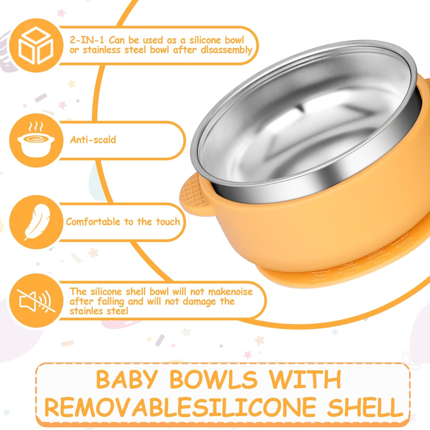 6 Pack 304 Stainless Steel Baby Bowls With Removable Non-Slip Silicone Shell, Suction Bowls For Baby, Scald-Resistant Food Conta