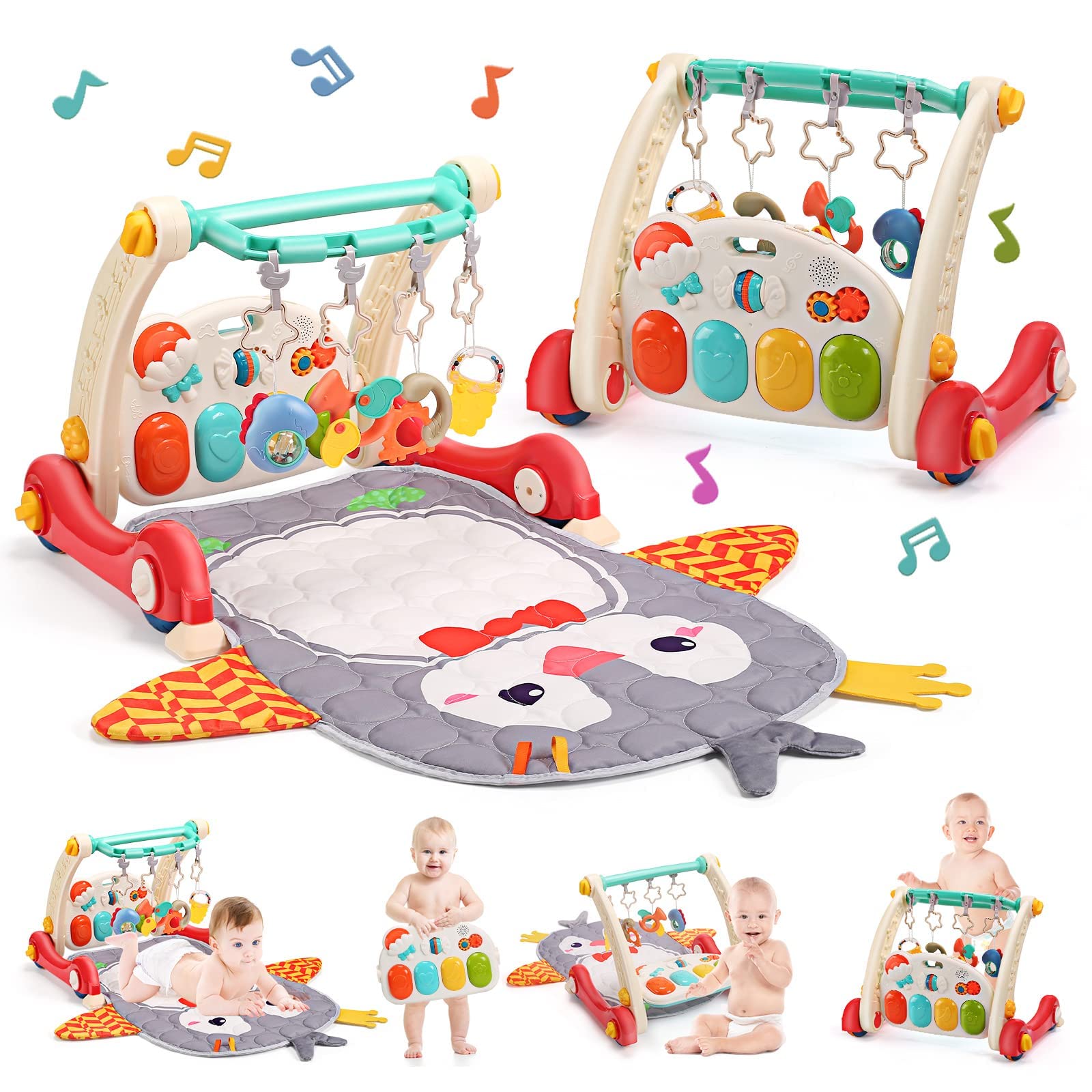 Cute Stone Baby Gym Play Mat & Baby Learning Walker, Baby Activity Mat With Play Piano, Musical Activity Center With Lights, Bab