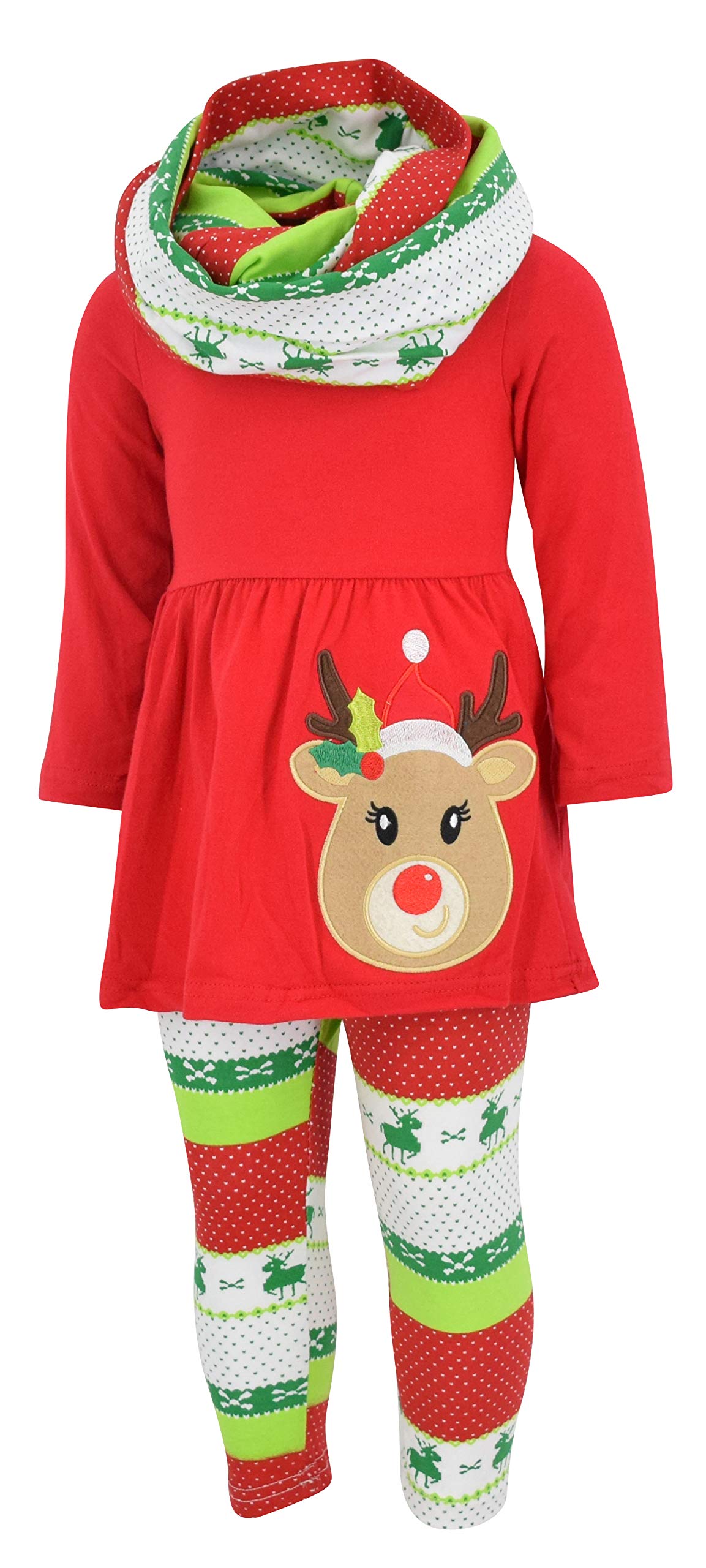 Unique Baby Girls 3 Piece Christmas Reindeer Legging Set Outfit (3 Years, Red)