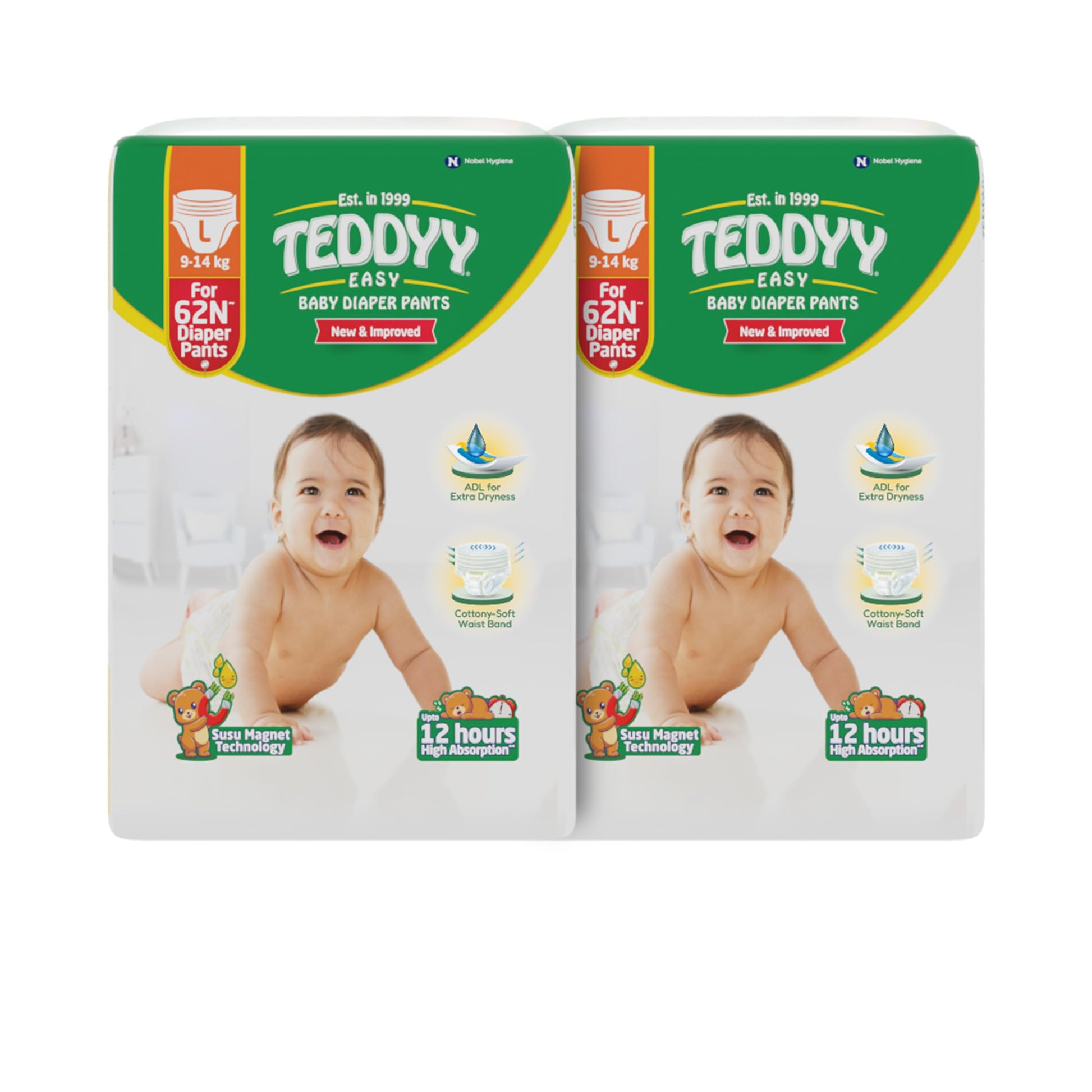 Teddyy Easy Baby L Size Diaper Pant Style | 124 Count (Large) | 914 Kg (Pack Of 2) | Long Protection Hours| AntiBacterial | Ai