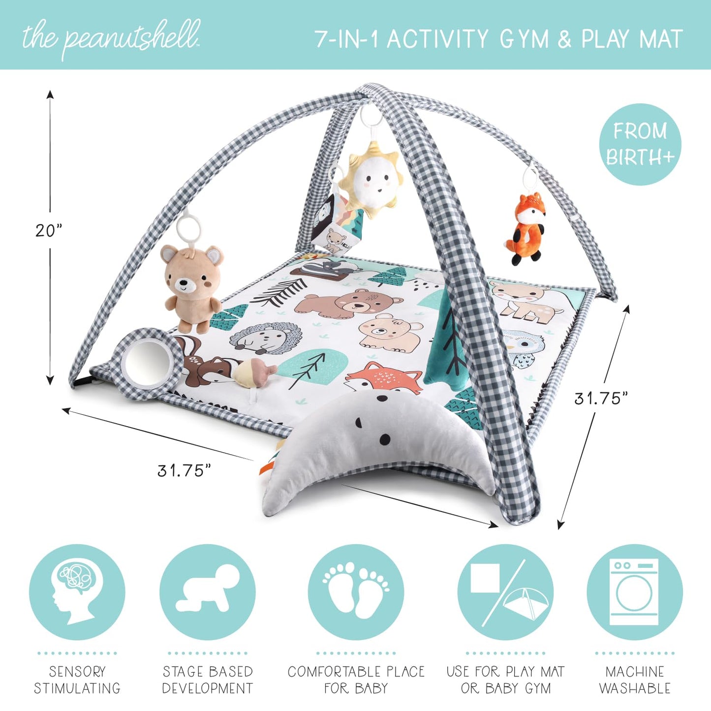 The Peanutshell 7 In 1 Baby Play Gym, Activity Center And Tummy Time Mat, Woodland Animals