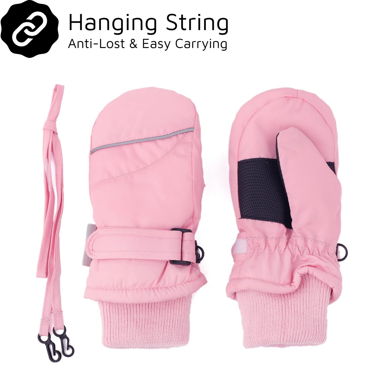 F Flammi Toddler Kids Snow Mittens With String Waterproof Ski Mittens Thinsulate Winter Gloves For Baby Girls Boys(Baby Pink,2-4