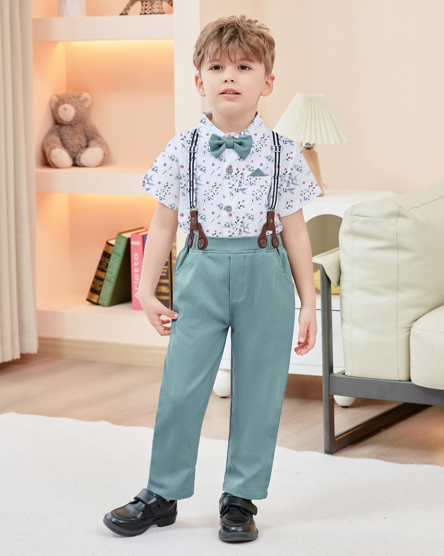Disaur Matching Family Outfits Short Sleeve White Flower Dress Shirt Bow Tie Suspender Green Pants Boys Church Outfit 4T 5T 4-5T