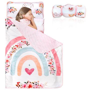 Toddler Nap Mat With Removable Pillow And Soft Dot Minky Blanket Pea Pod Kids Rainbow Floral Napping Mats Extra Large Rolled Slu