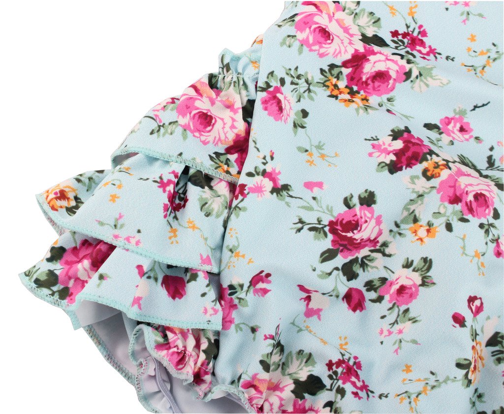 China Rose 50'S Floral Ruffles Rompers Backless Dress Bathing Suit Swimwear (0-12 Months, Light Blue)