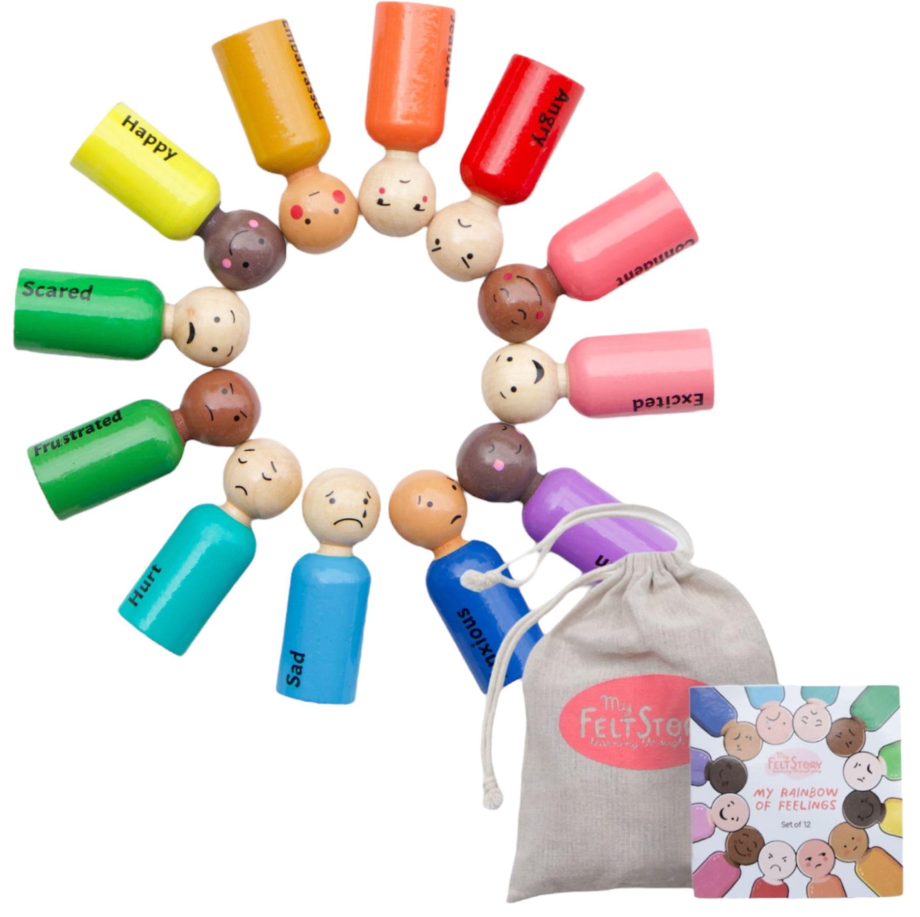 My Felt Story Set of 12 - Rainbow Wooden Peg Dolls with Emotions | Multicultural Skin Tone Figures | Sensory Autism Toys for Tod