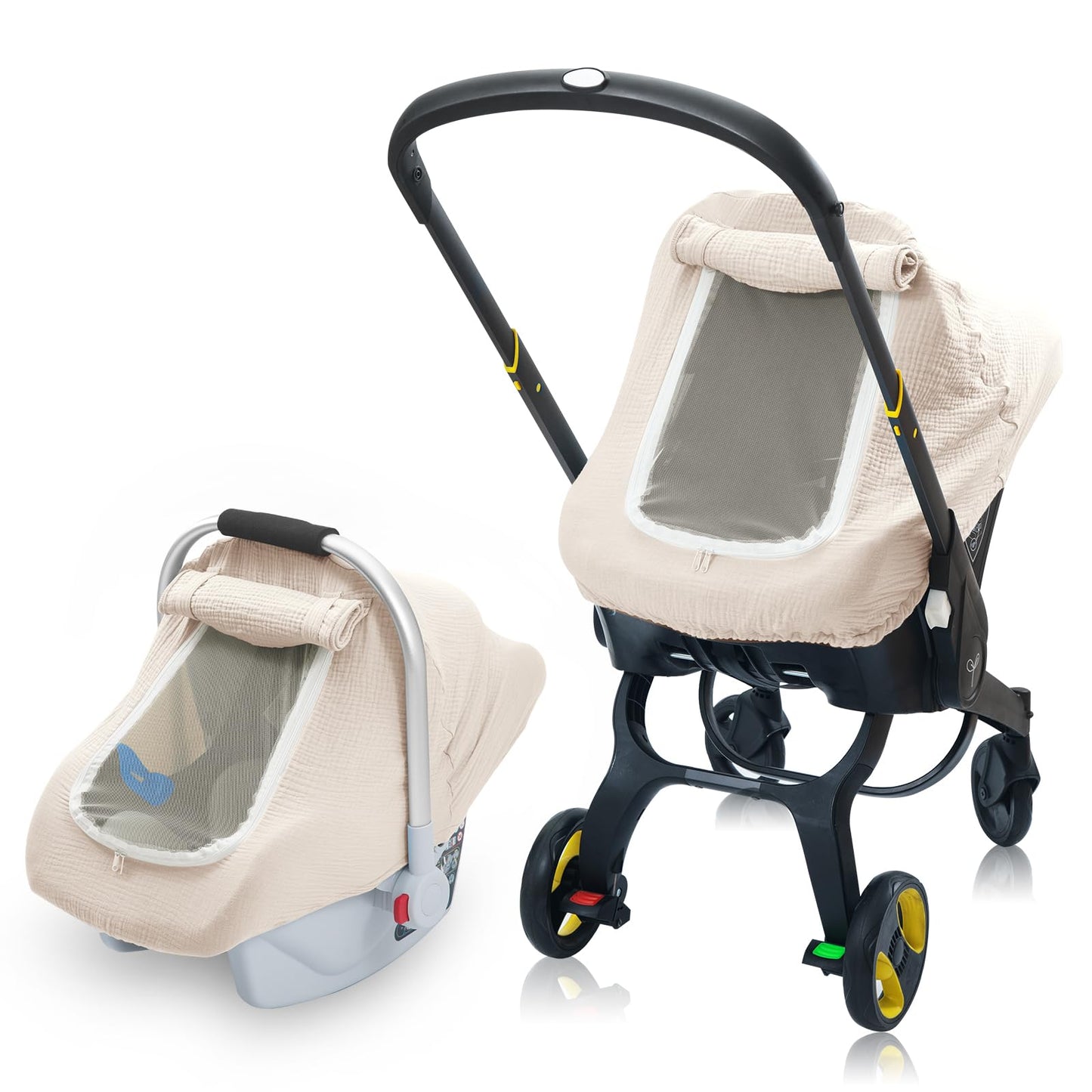 3 Layer Muslin Baby Car Seat Cover, Infant Car Seat Cover with Mesh Peep Window, Breathable Carseat Canopy for Summer, Windproof