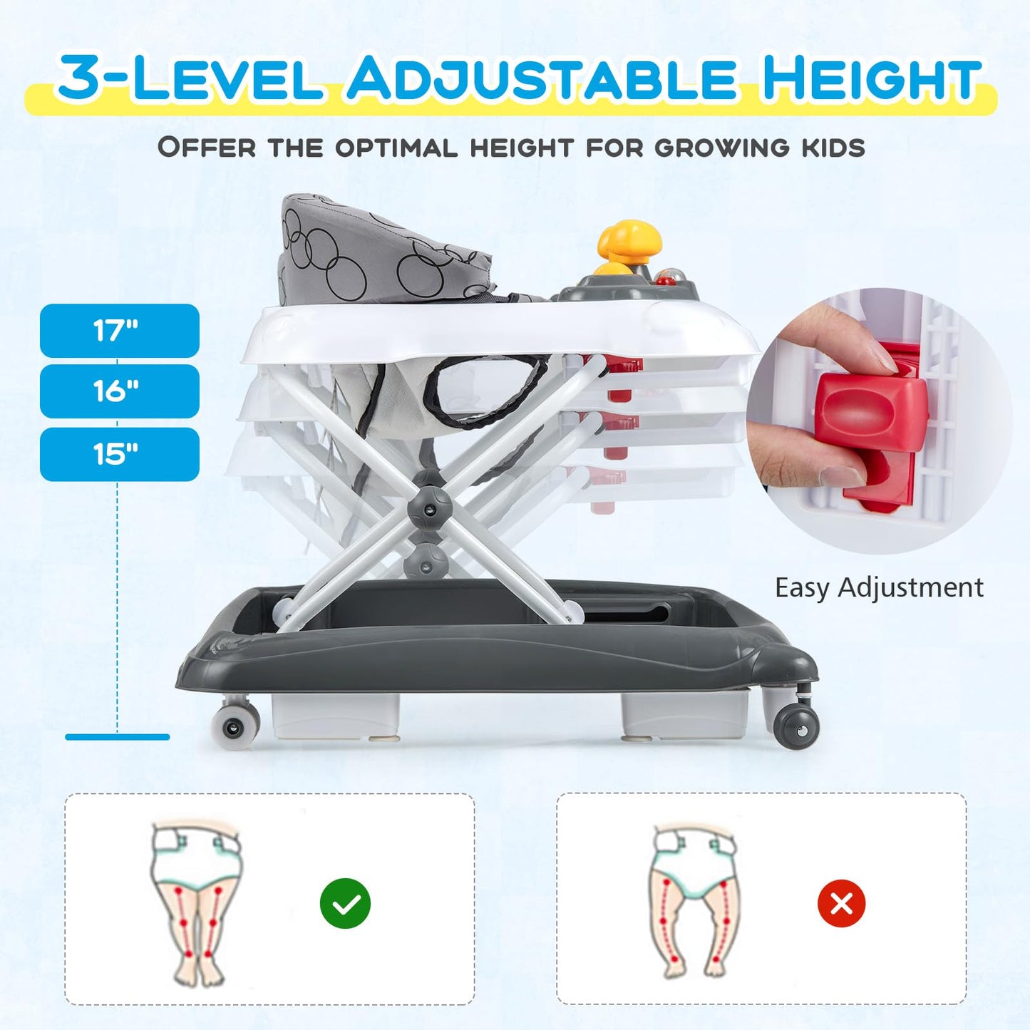 Baby Joy Baby Walker, 4 In 1 Foldable Activity Walker With Adjustable Height, Music, Lights, Anti-Rollover Toddler Push Walker,