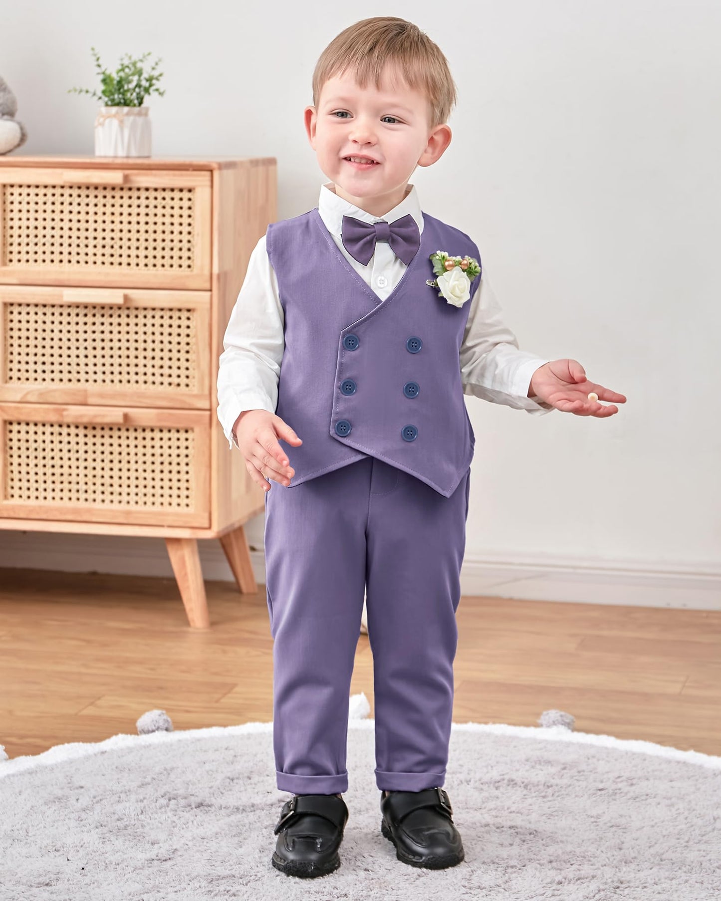 Yallet Toddler Baby Boy Clothes Suit Gentleman Wedding Outfits, Formal Dress Shirt+Bowtie+Vest+Boutonniere+Suspender Pants(V Lig