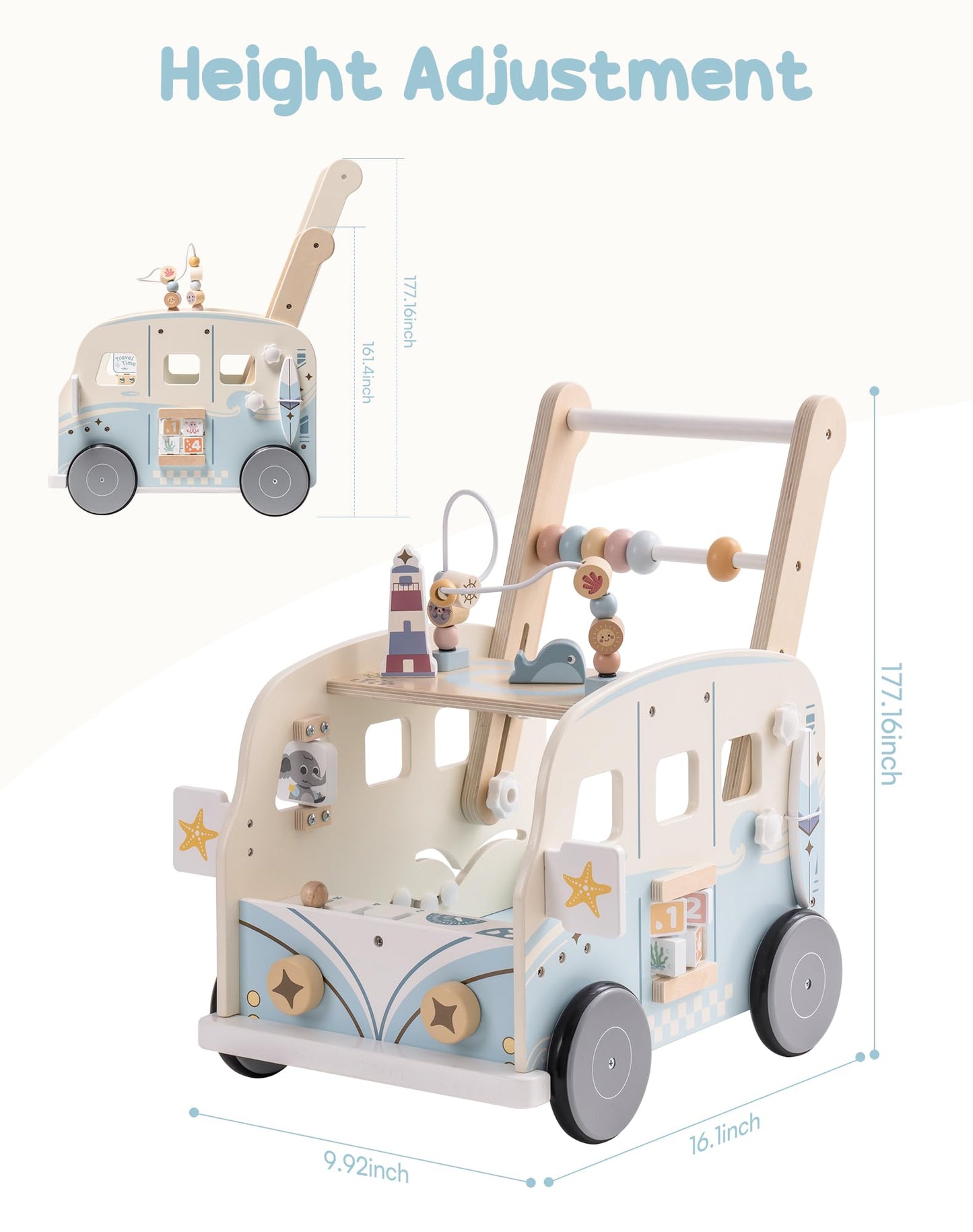 ROBOTIME Wooden Baby Walker, Baby Push Walker, Baby Activity Center Toys, Ajustable Speed Multi-Functional Baby Walker with Whee
