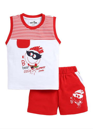 Cutopies Cherry 100% Pure Cotton Sleeveless TShirt And Shorts Set (Pack Of 1) Baby Boys Clothing Sets