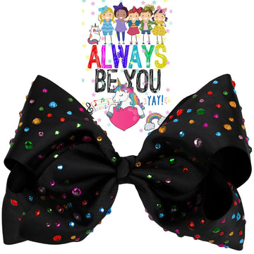 Worldly Finds Rhinestone Hair Bow Clip, 8 Inch, Black/Rhinestone, Large Hair Bows for Girls, Toddlers, Cheer Bows, Jumbo Hair Bo