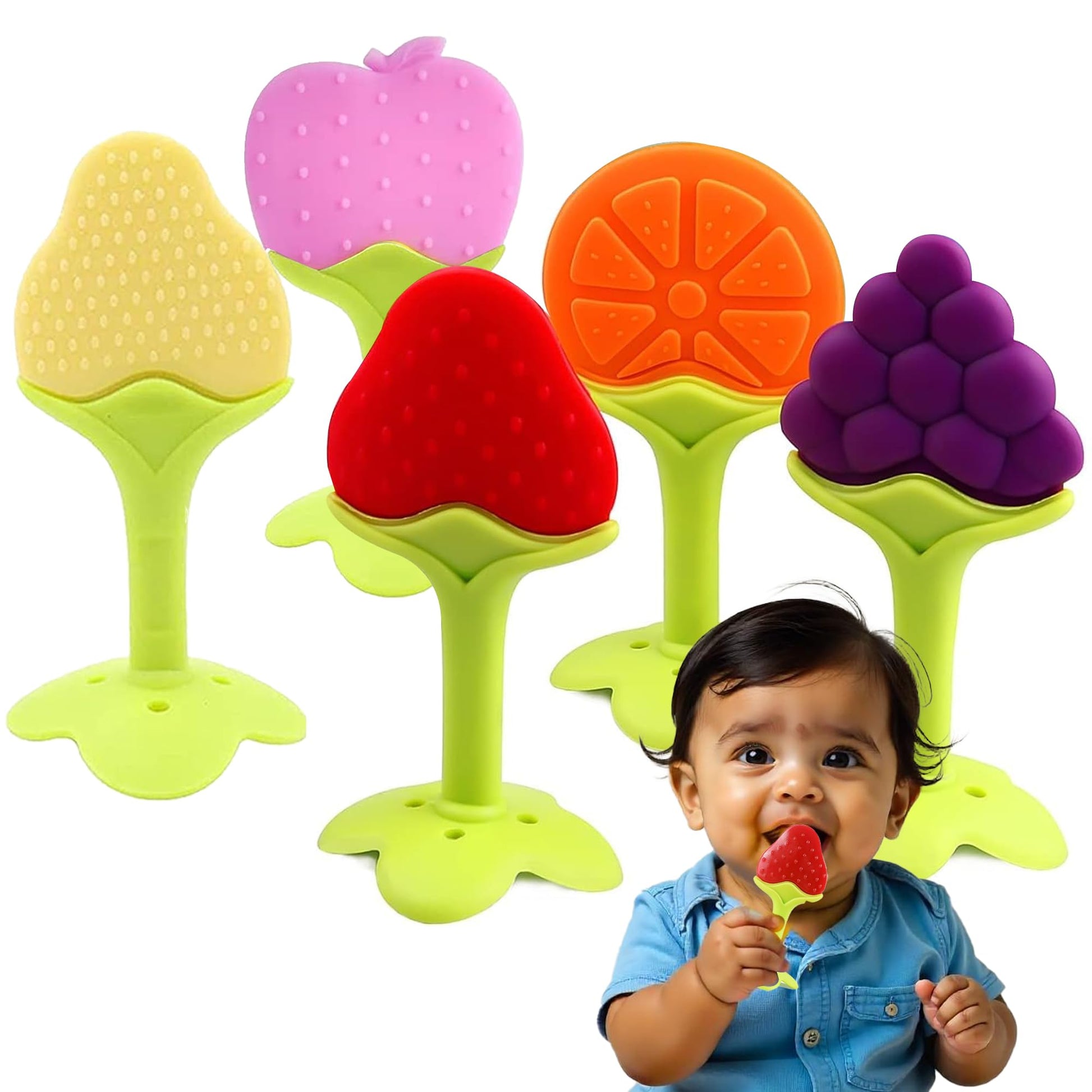 Vivatra Fruit Shaped Teethers For Babies 6+ Months, BpaFree Silicone Teething Toy For Infants, Natural Organic Freezer Safe & S