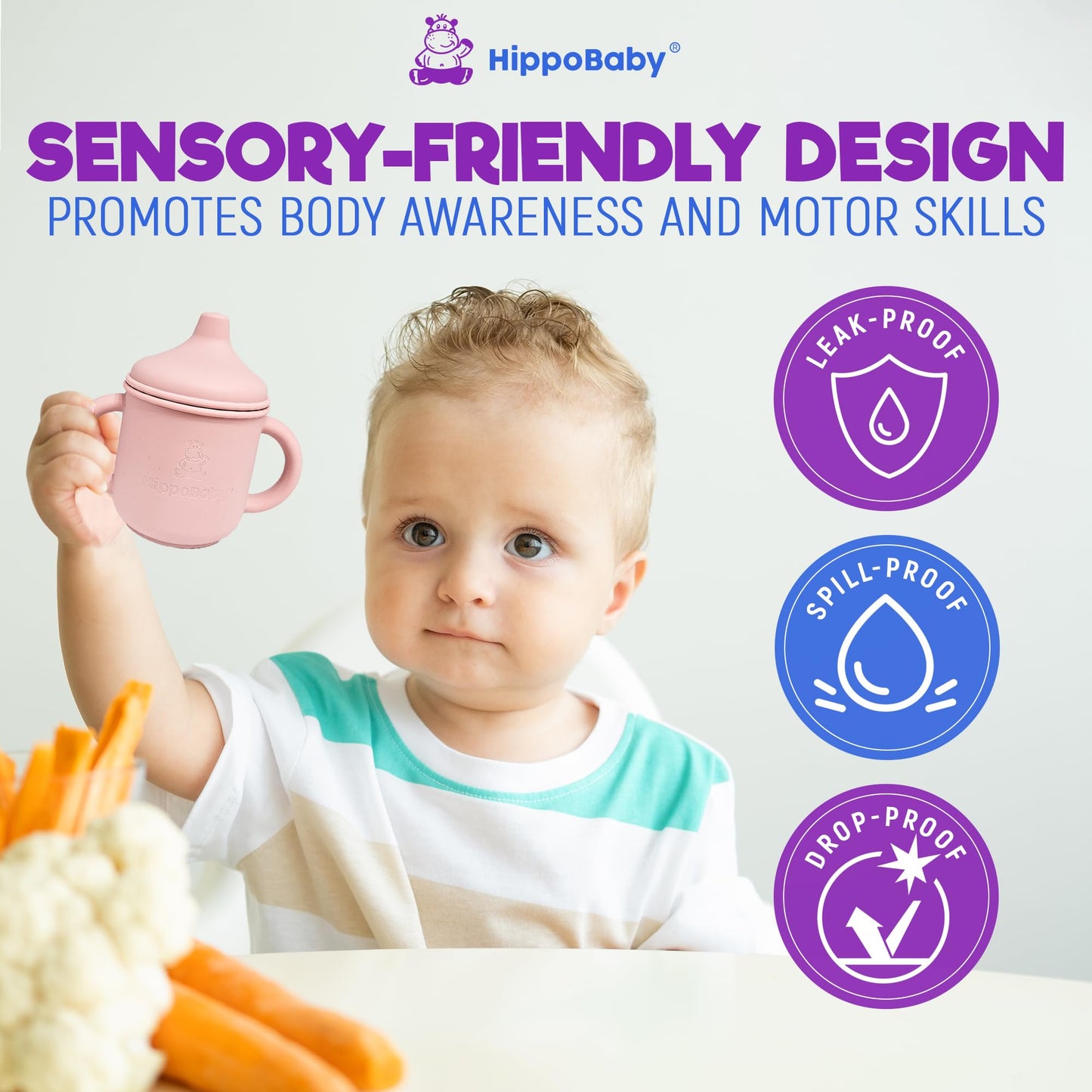 Hippobaby Silicone Transition Sippy Cup For 6+ Month Old | Includes 1 Toddler Straw Cup & 1 Baby Sippy Cup With Handles | Baby S