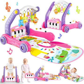 4-In-1 Baby Gym Play Mat With Learning Walker, Tummy Time Mat & Baby Push Toys For Newborn Infant 0-3-6-9-12 Month Boy Girl, Bab