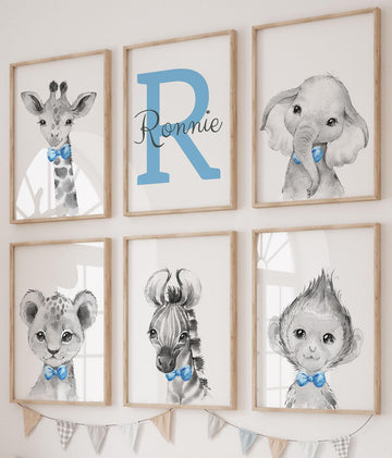 Personalized Safari Animals For Baby Boys Nursery Bedroom Unframed Set Of 6 Poster Prints, Personalized Name Blue Green Yellow B