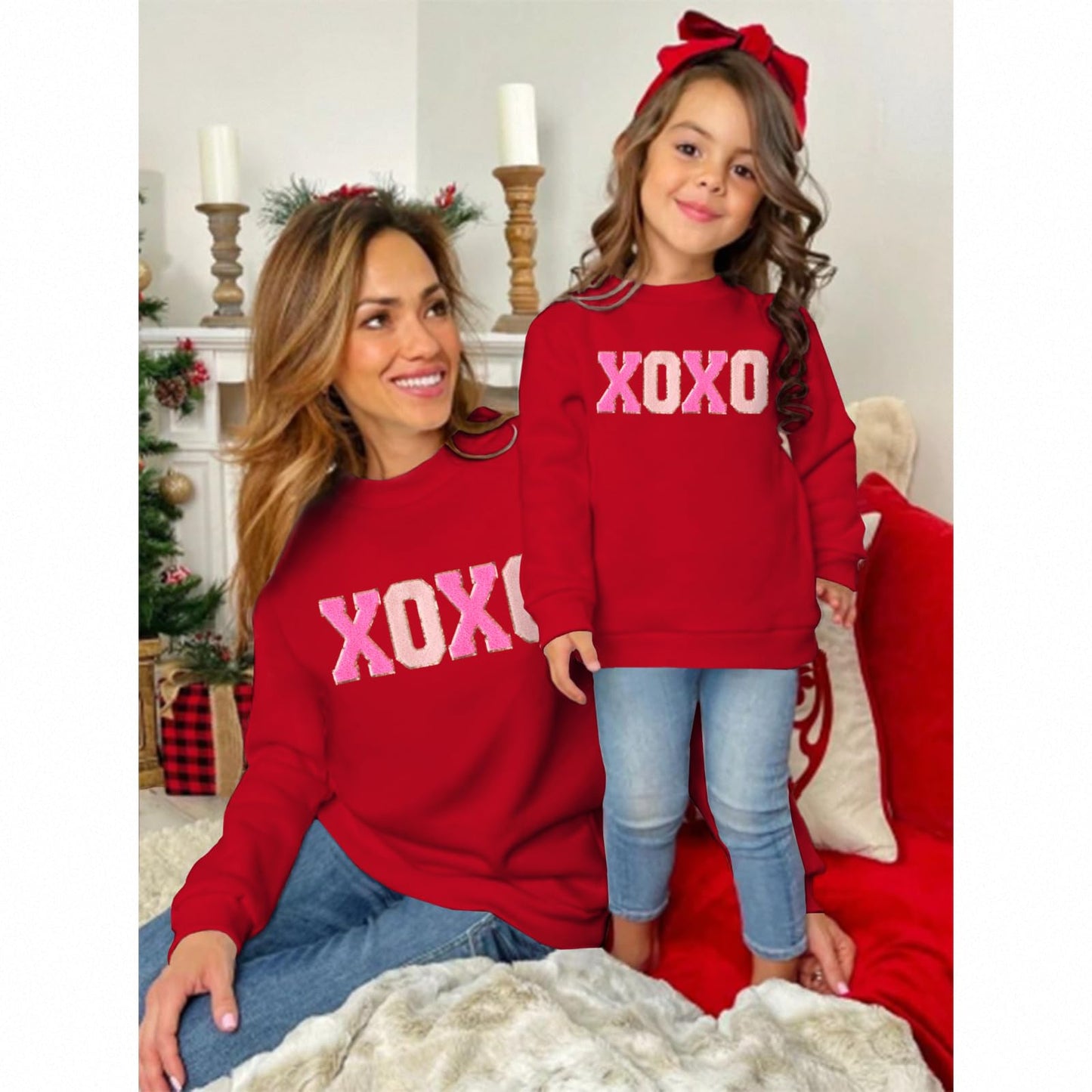 Ag Aguu Mommy And Me Valentines Day Sweatshirts Glitter Patch Xoxo Shirts Family Matching Outfits Long Sleeve Pullover Top(Mom-R