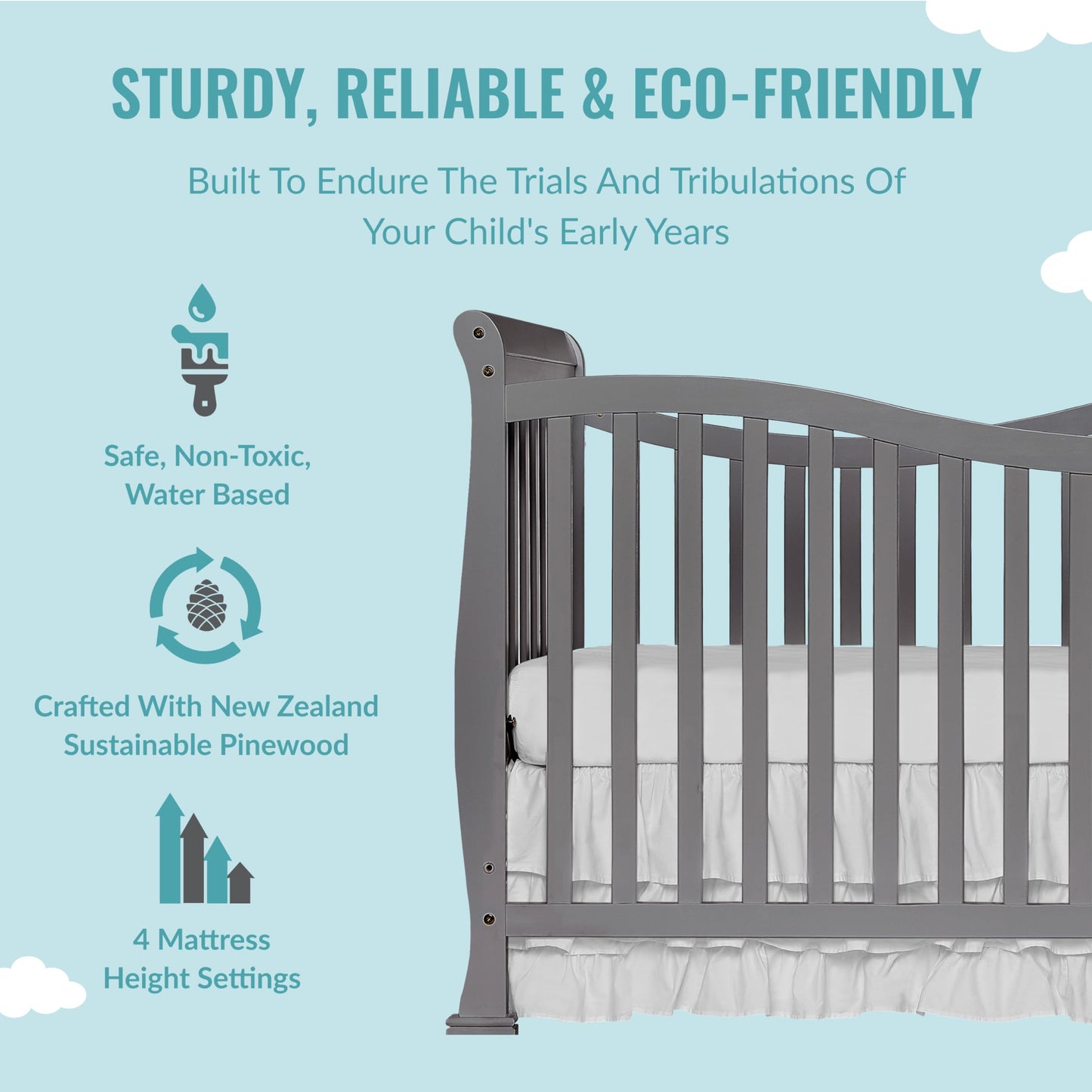Dream On Me Violet 7-In-1 Convertible Life Style Crib In Steel Grey, Greenguard Gold Certified, 4 Mattress Height Settings, Made