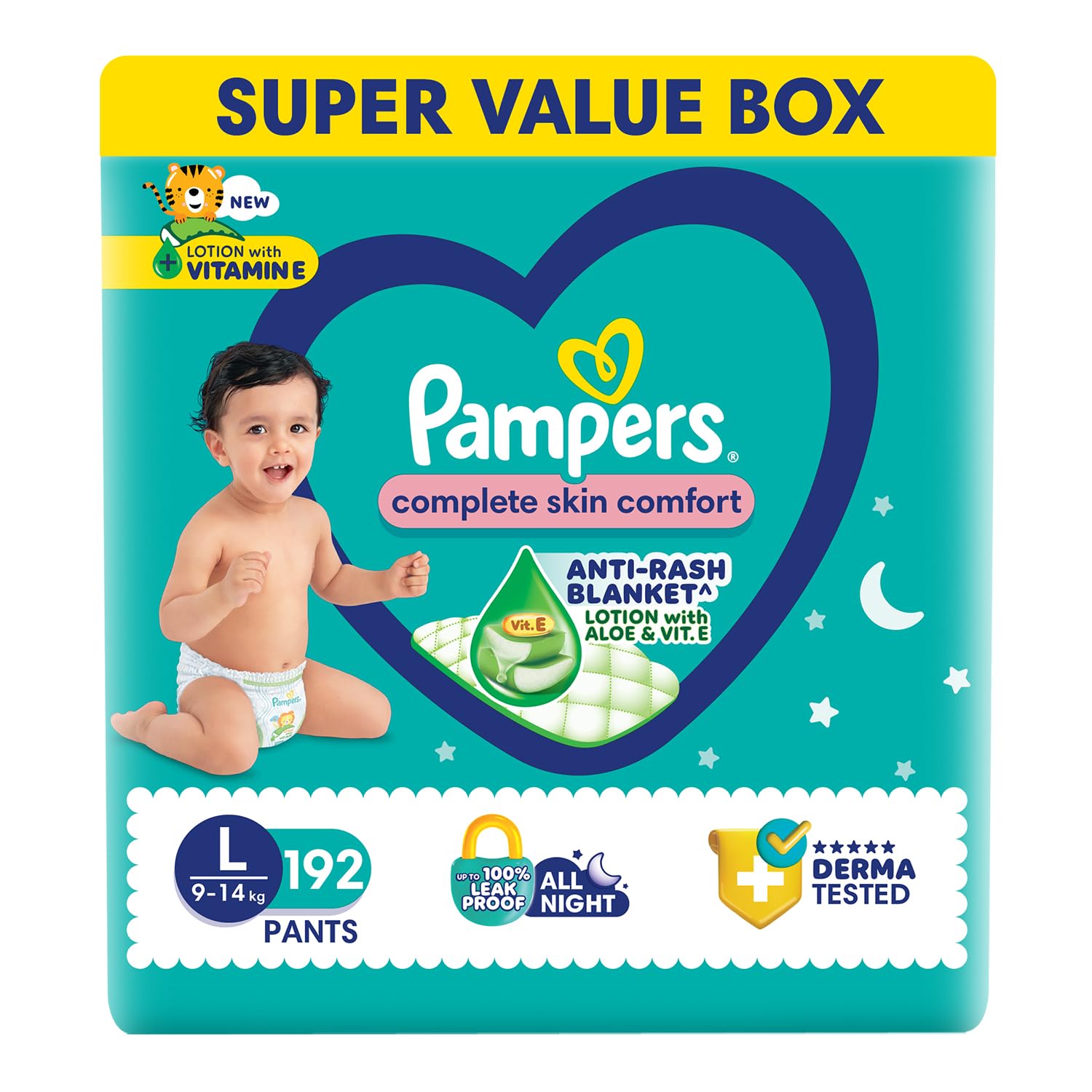 Pampers Complete Skin Comfort Pants, Large (L), 192 Count AntiRash Blanket, Lotion With Vitamin E & Aloe Vera, 914Kg