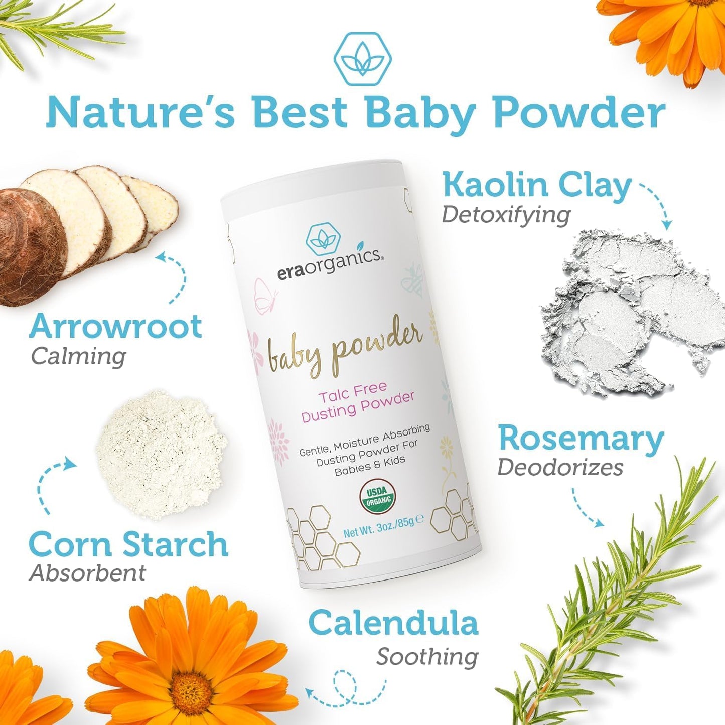Usda Organic Baby Powder Talc-Free Dusting Powder - Soothing Organic Arrowroot, Calendula And Cornstarch Baby Powder For Newborn