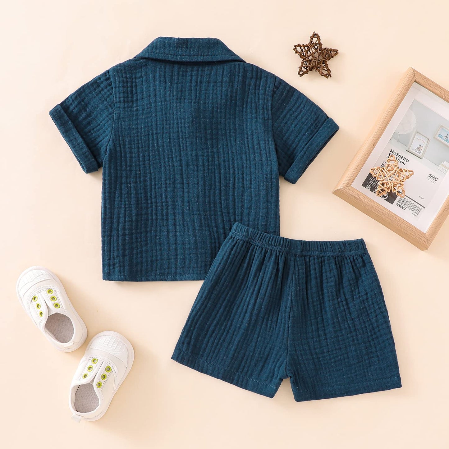 Baby Boys Clothes Set Toddler Infant Boys Button-Down Shirt Tops + Cotton Gauze Shorts Summer Outfit 2Pcs With Pockets (Navy Blu