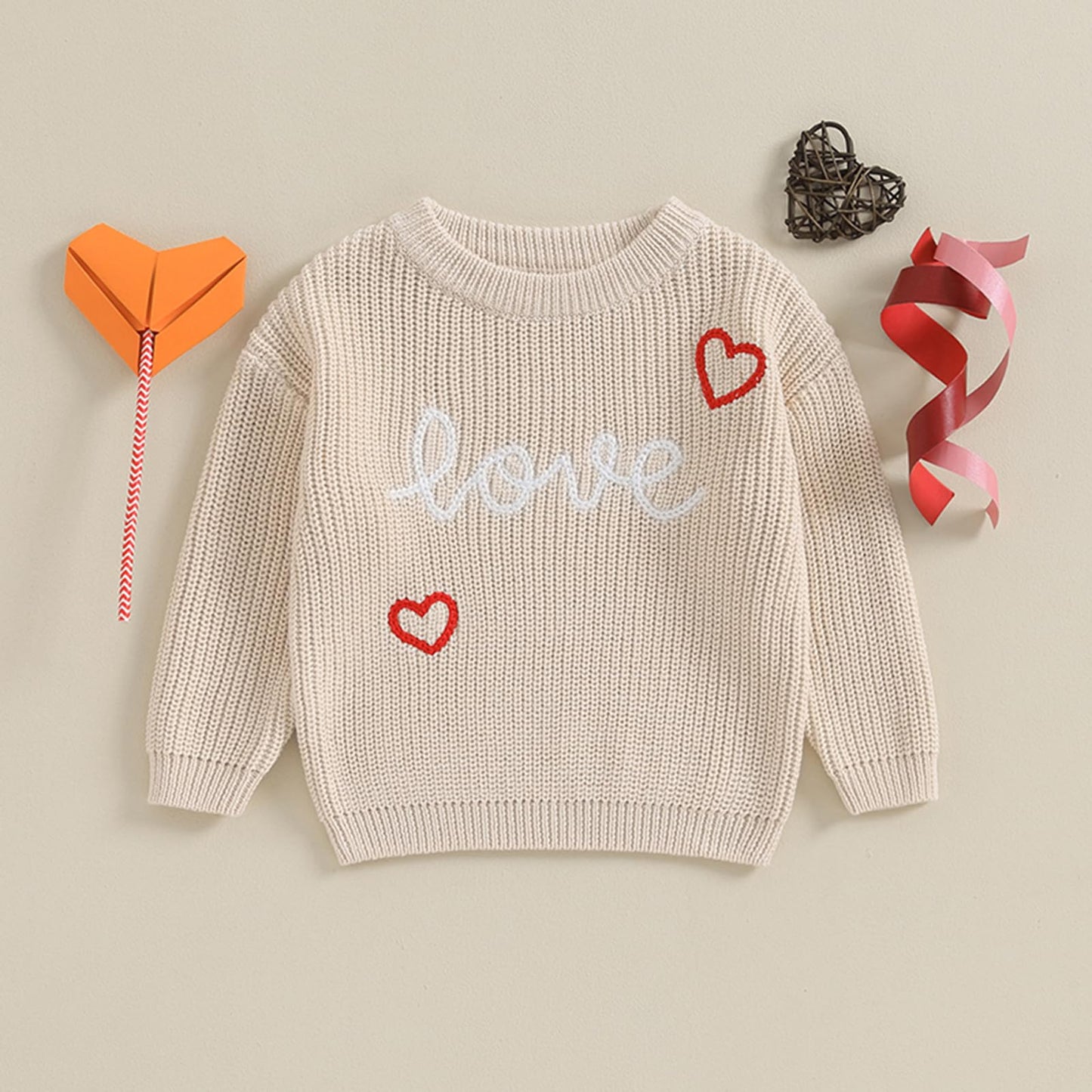 Baby Girl Cute Long Sleeve Crew Neck Love Embroidery Sweater Toddler Valentine Day Outfits (Khaki Love, 2-3 Years)