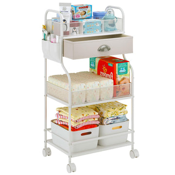 Baby Diaper Caddy Cart Organizer -3 Tier, Bedside Nursery Essentials Cart & Storage Holder For Newborn Baby Stuff, 2+1 Dividers,