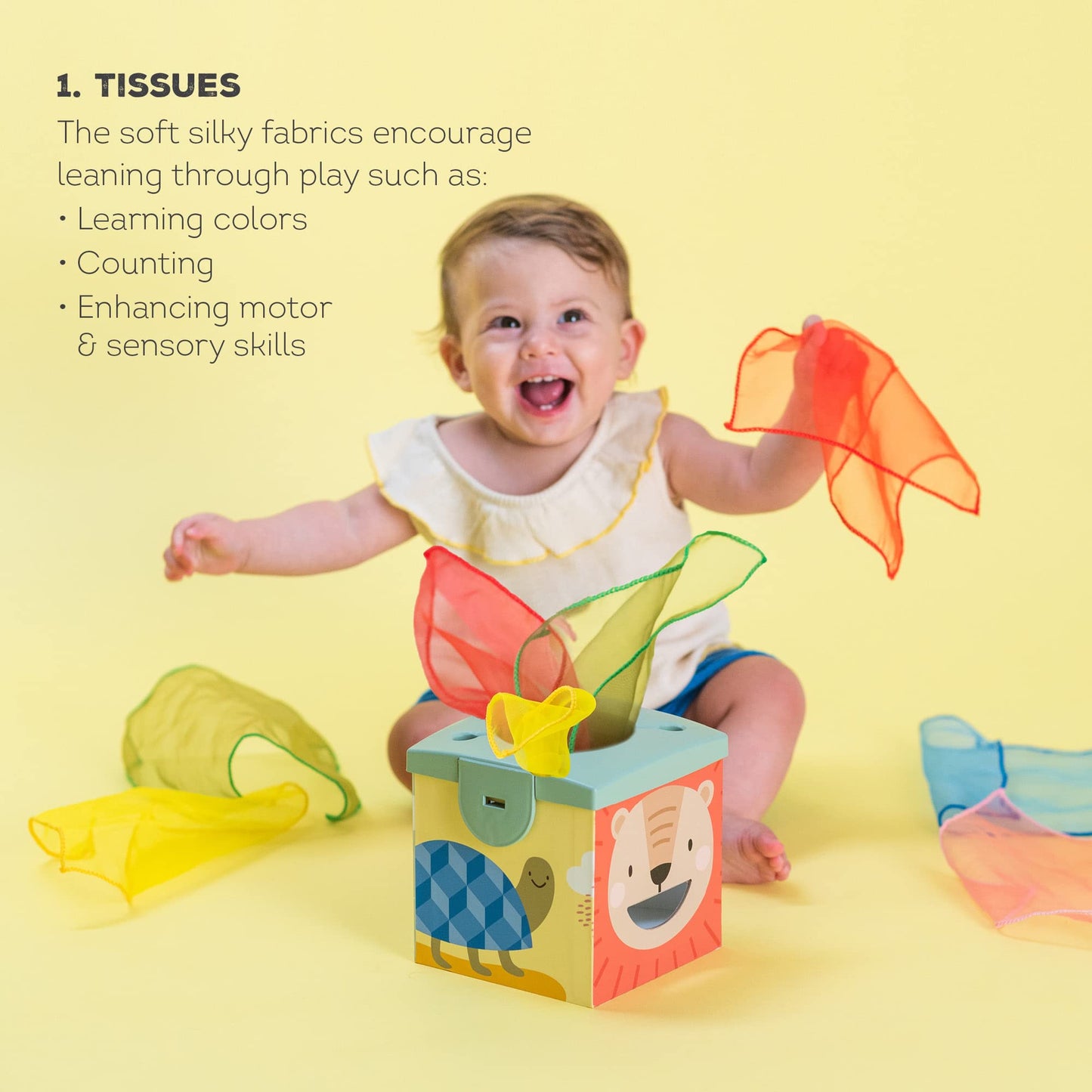 Taf Toys Sensory Baby Tissue Box, Object Permanence Box, Imaginary Play for Infants & Toddlers, Montessori Square Sensory Toys C