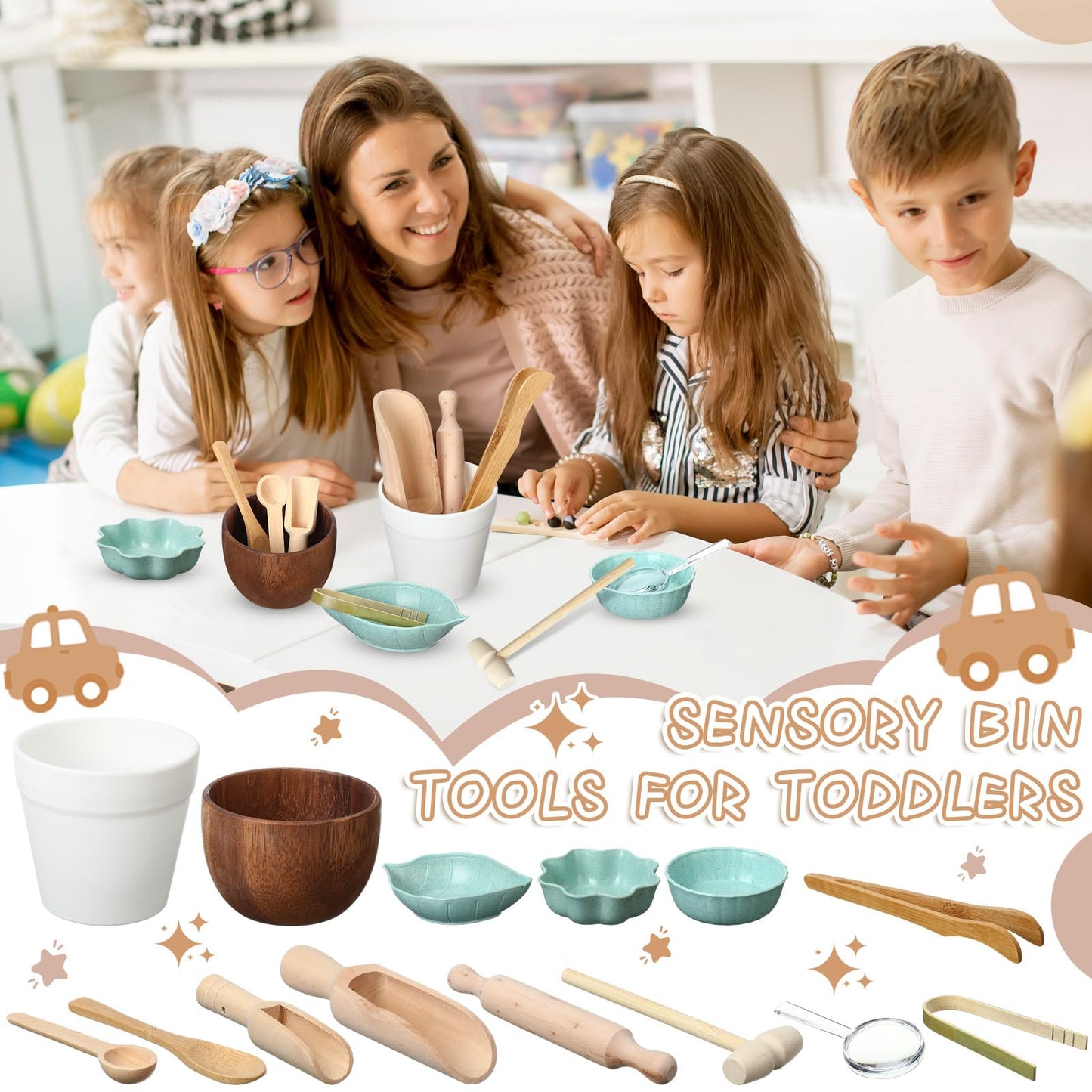 Tiangrid 14pcs Sensory Bin Tool Sensory Tools for Boys and Girls Fine Motor Skill Toys Wooden Tong Spoons Bowls Plate Hammer Mag