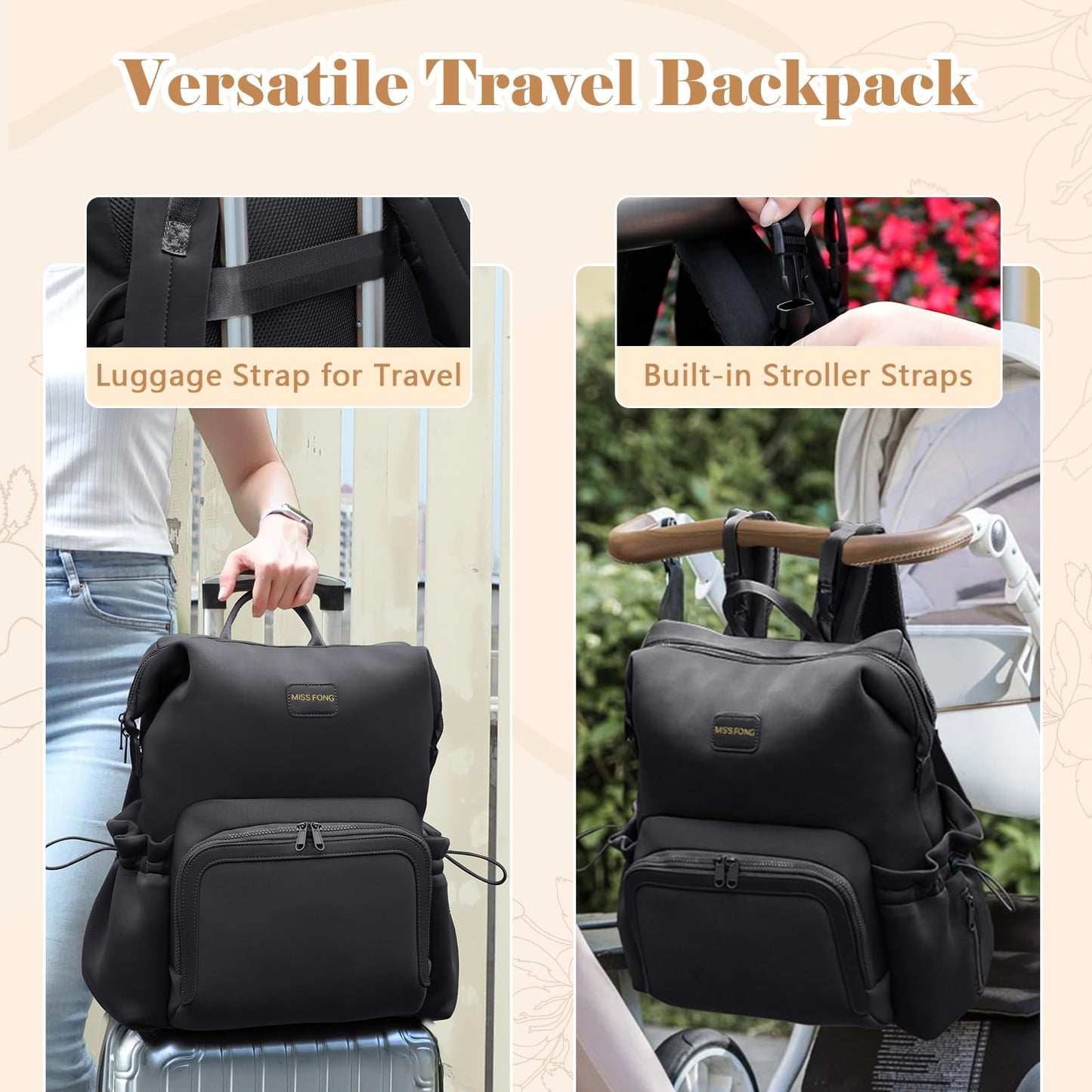 Miss Fong Diaper Bag Backpack - Baby Diaper Bag Neoprene Bag Large Capacity Neoprene Backpack With Diaper Changing Pad Travel Di