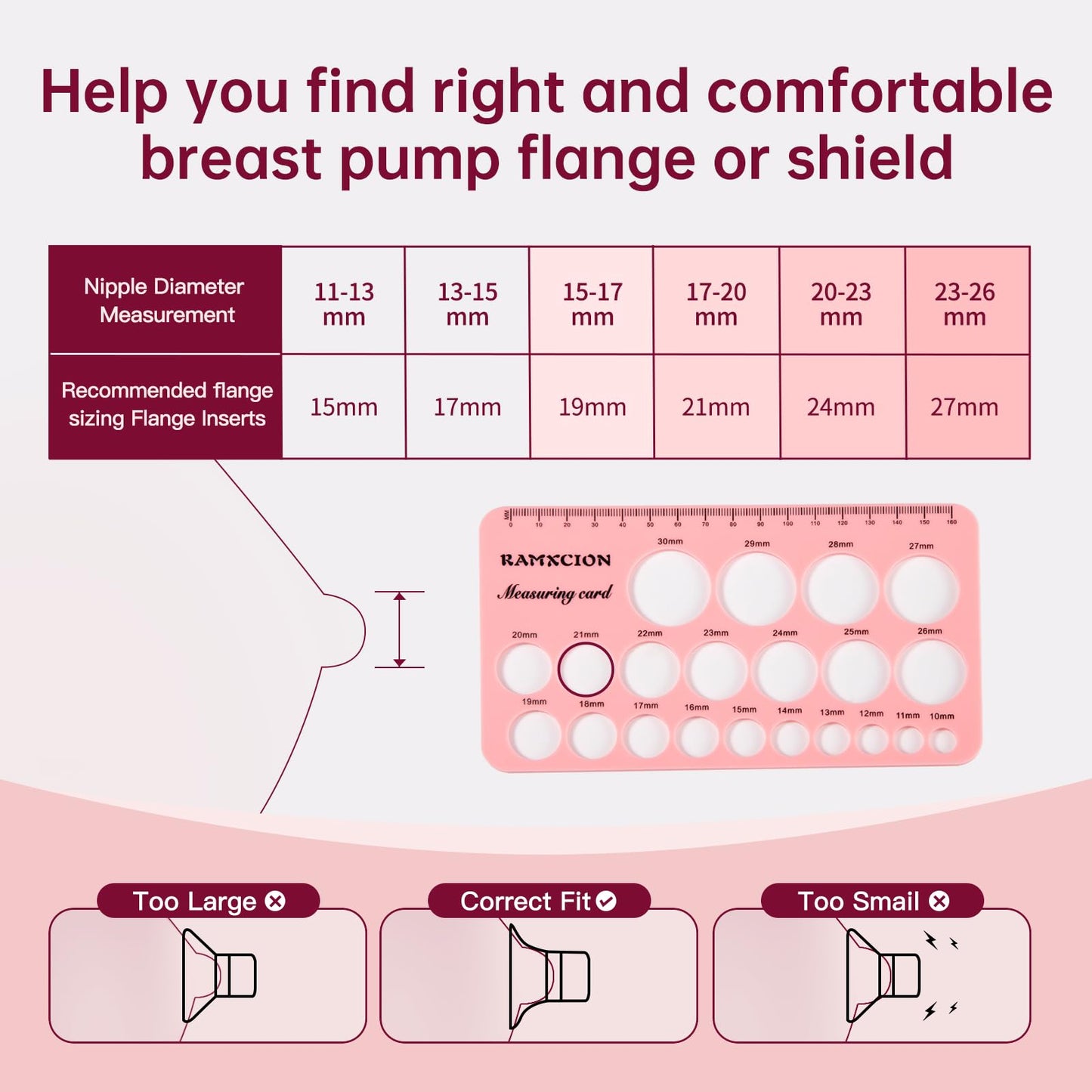 Nipple Ruler, Flange Sizing Kit With 10Pcs Flange Insert 13/15/17/19/21Mm, Silicone & Soft Flange Insert Kit For Breast Pump Rep